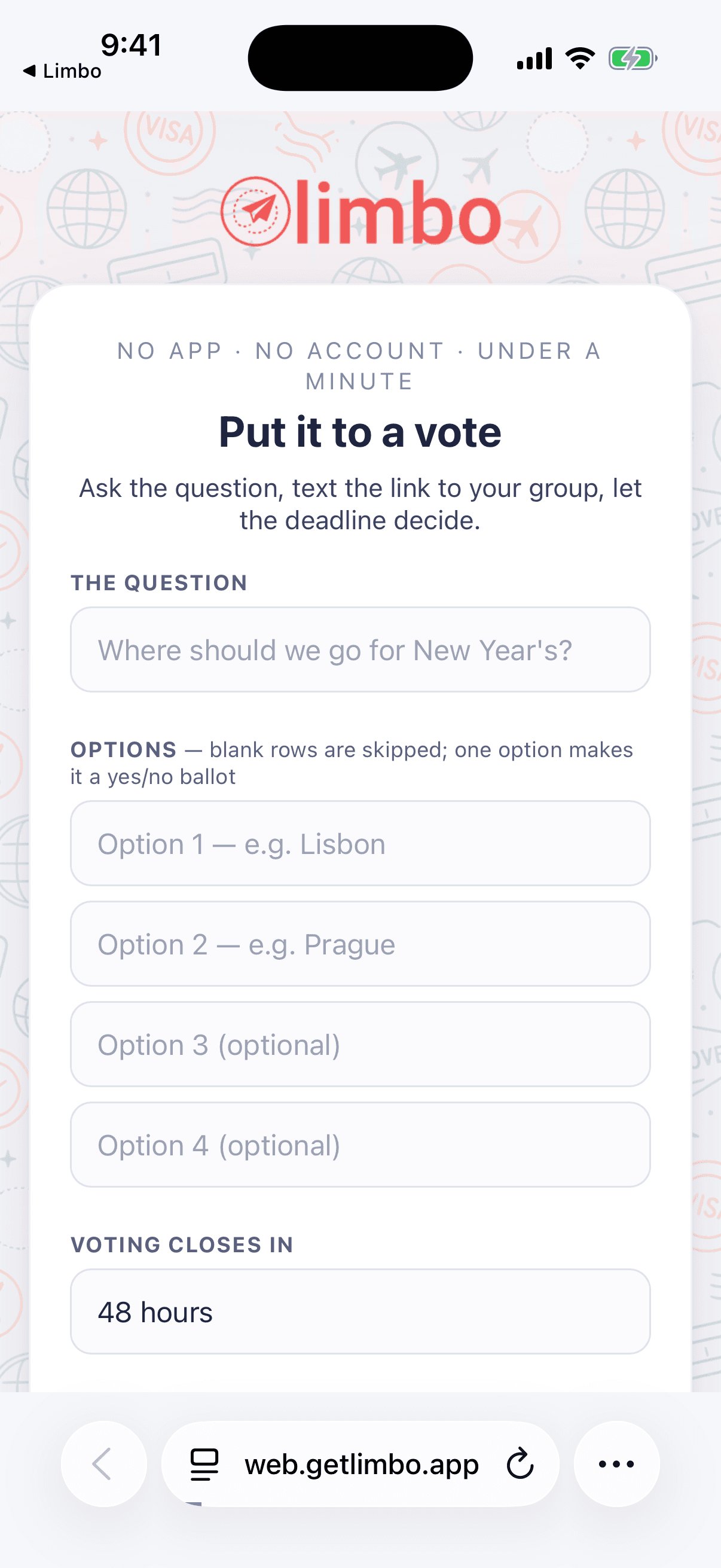 web.getlimbo.app/new: title, options, and a deadline, no sign-in required