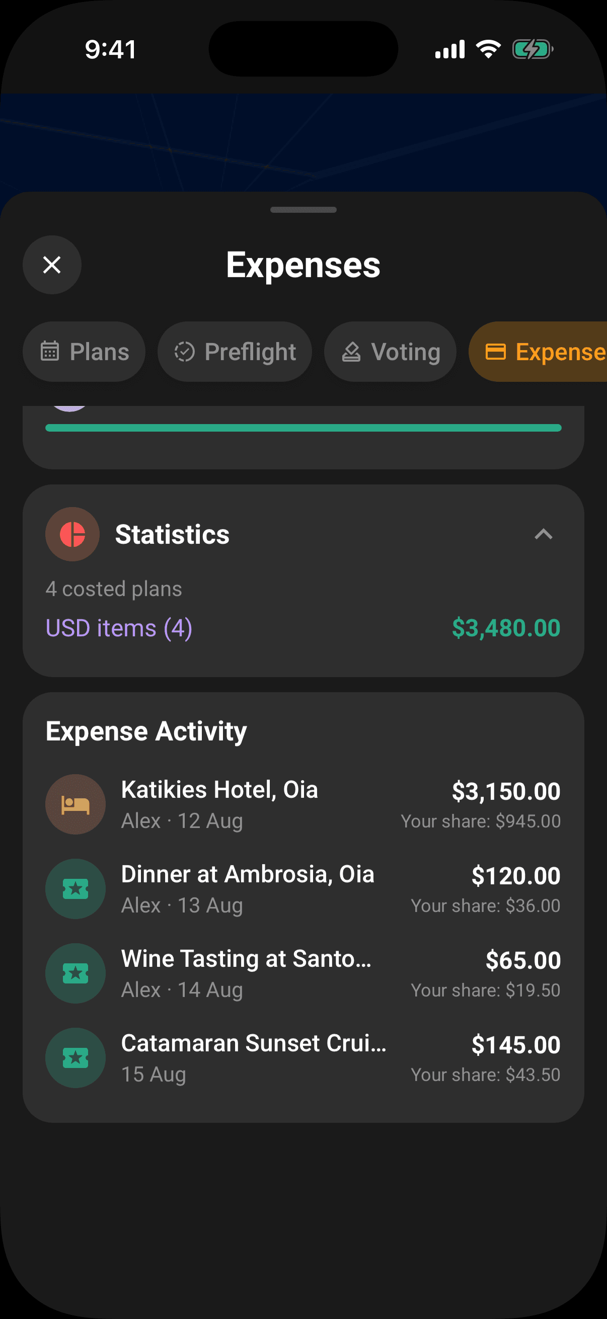 Expanded Statistics with expense counts and totals grouped by currency