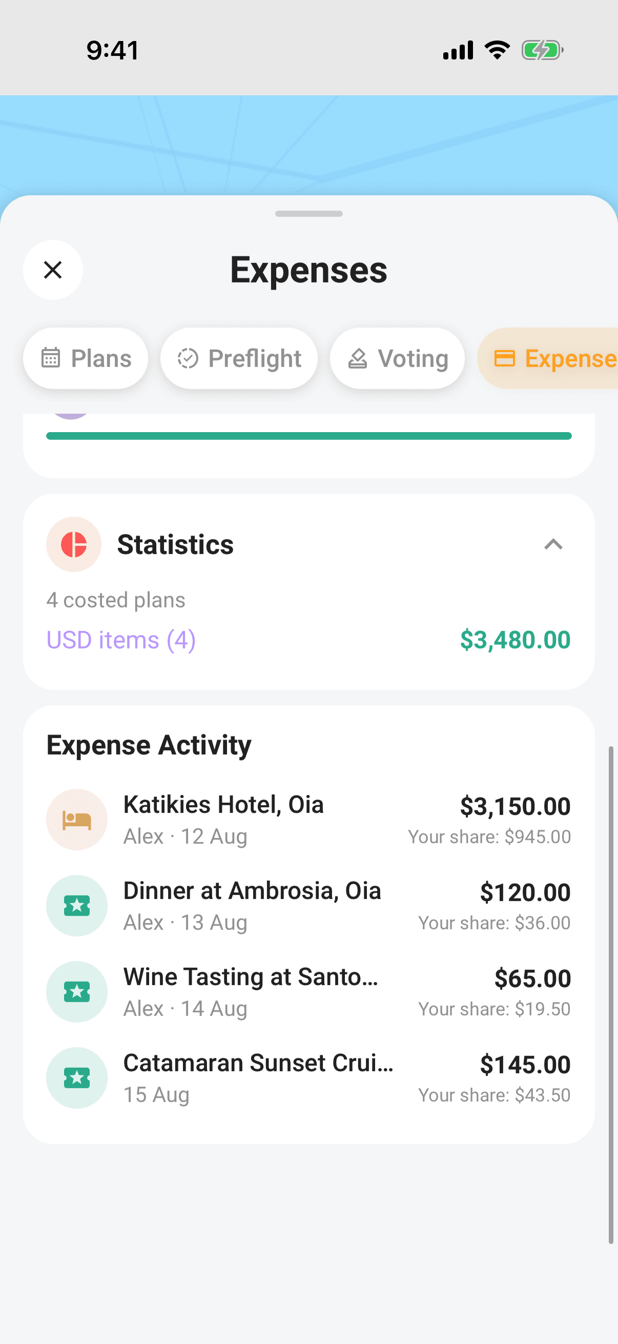 Expanded Statistics with expense counts and totals grouped by currency