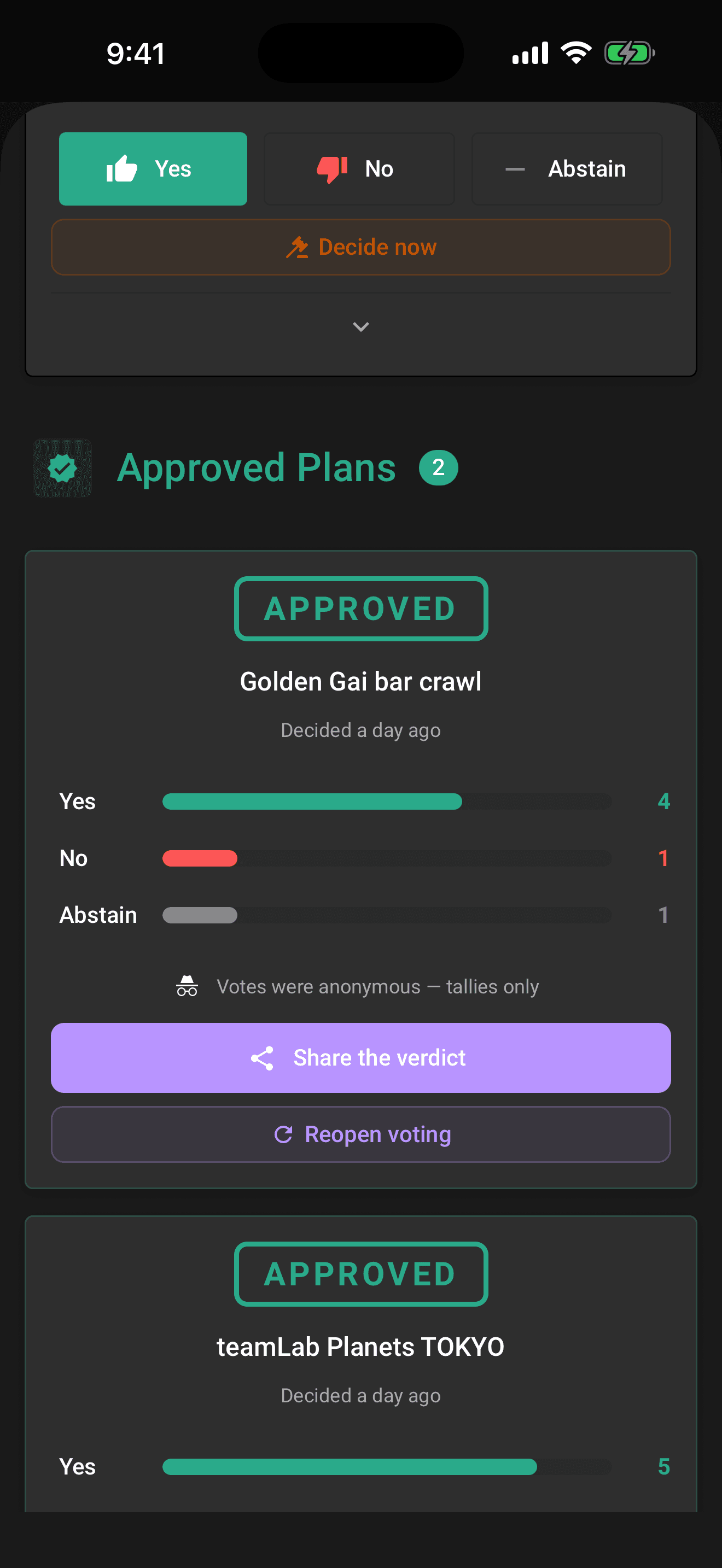 An anonymous reveal, full tallies, no voter rows