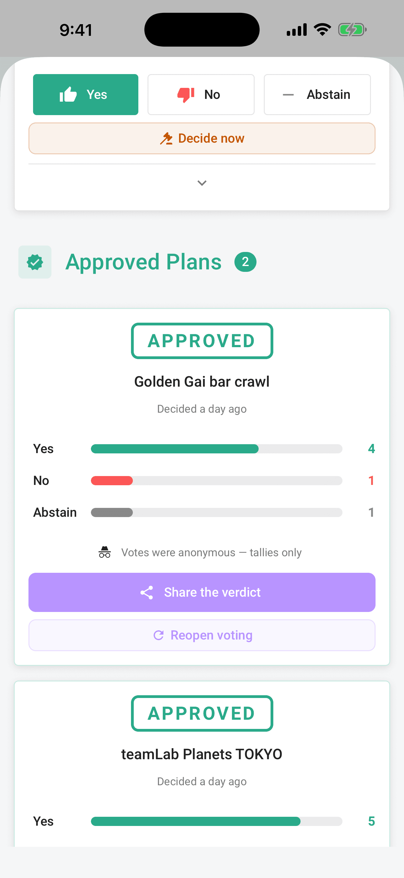 An anonymous reveal, full tallies, no voter rows