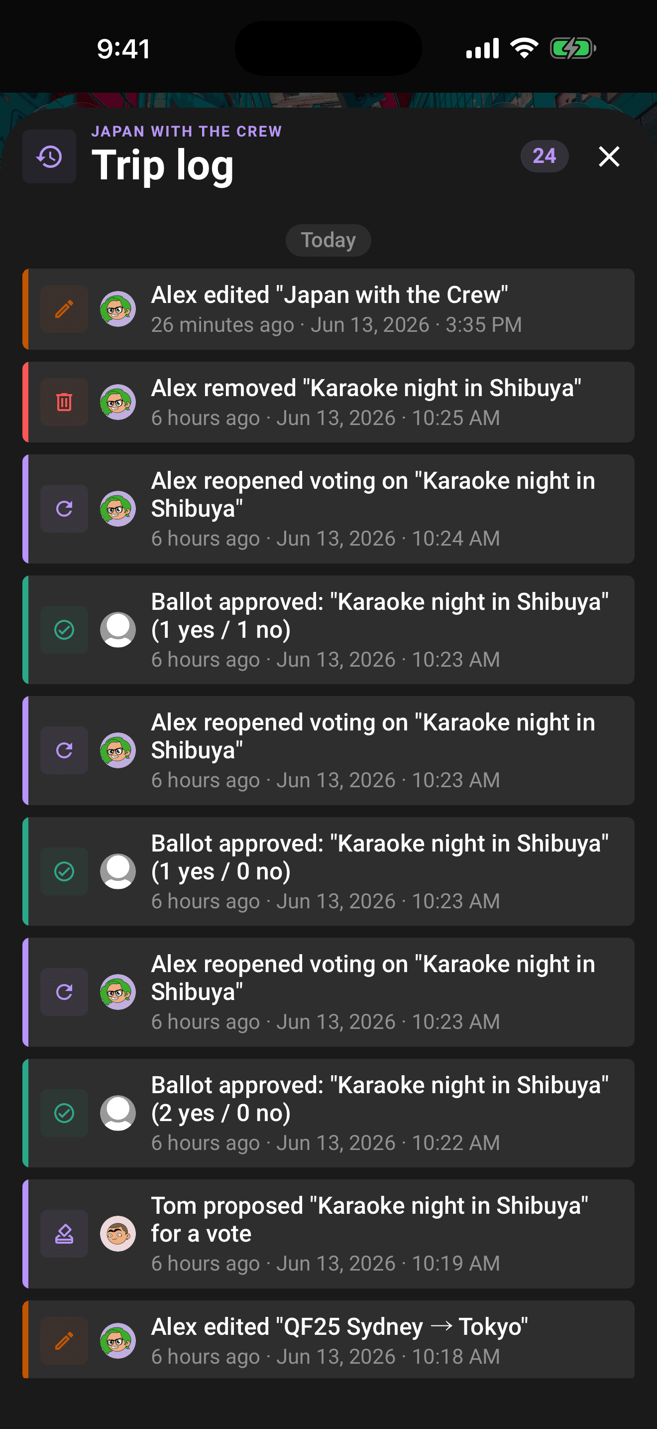 The trip log: color-coded entries grouped by day, newest first