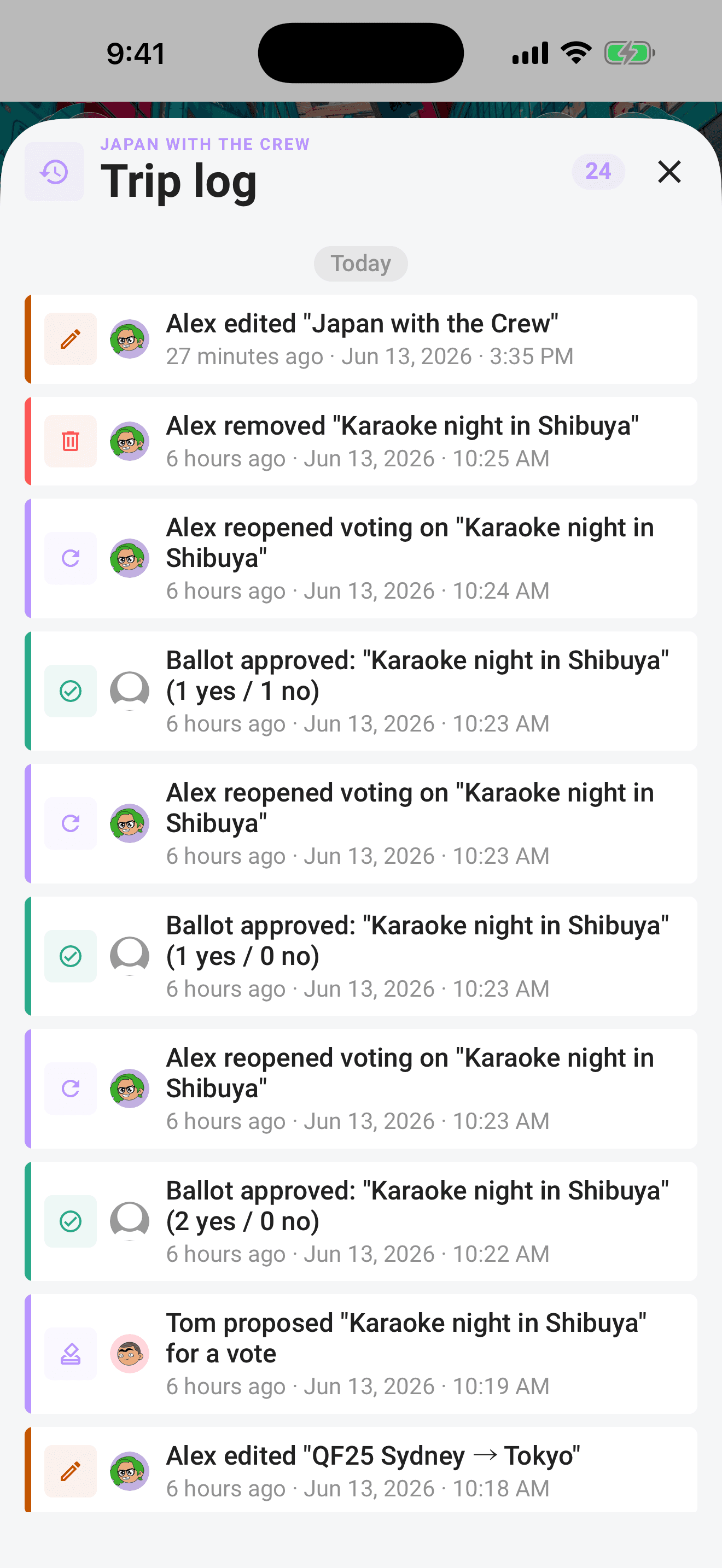 The trip log: color-coded entries grouped by day, newest first
