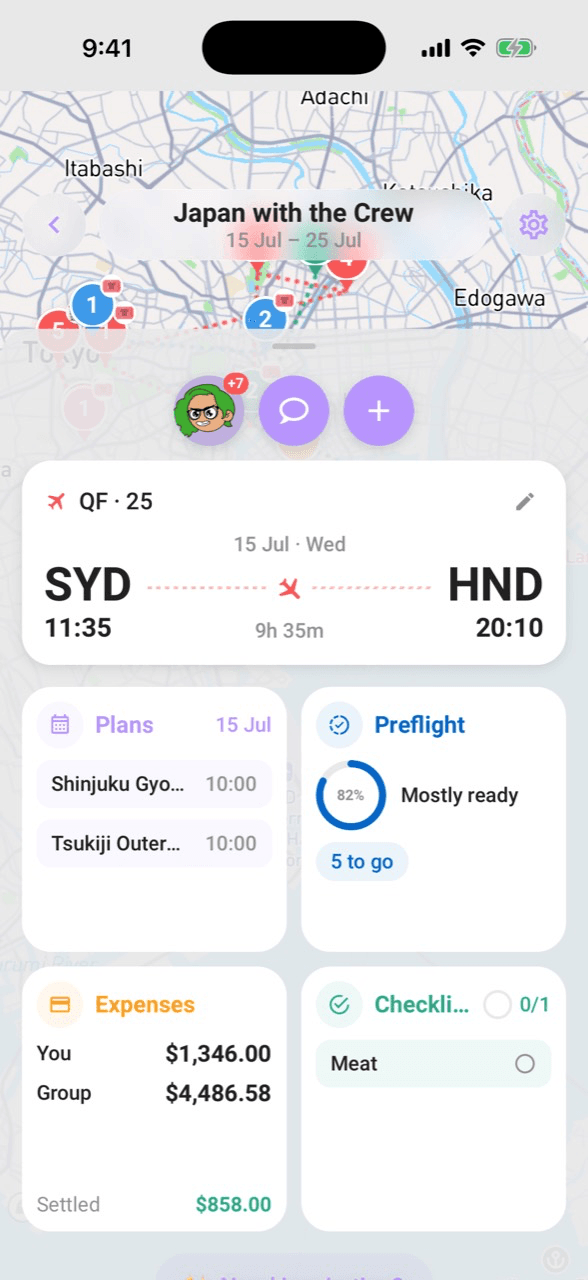 The map-first trip Hub with an upcoming flight, quick actions, and live summary tiles