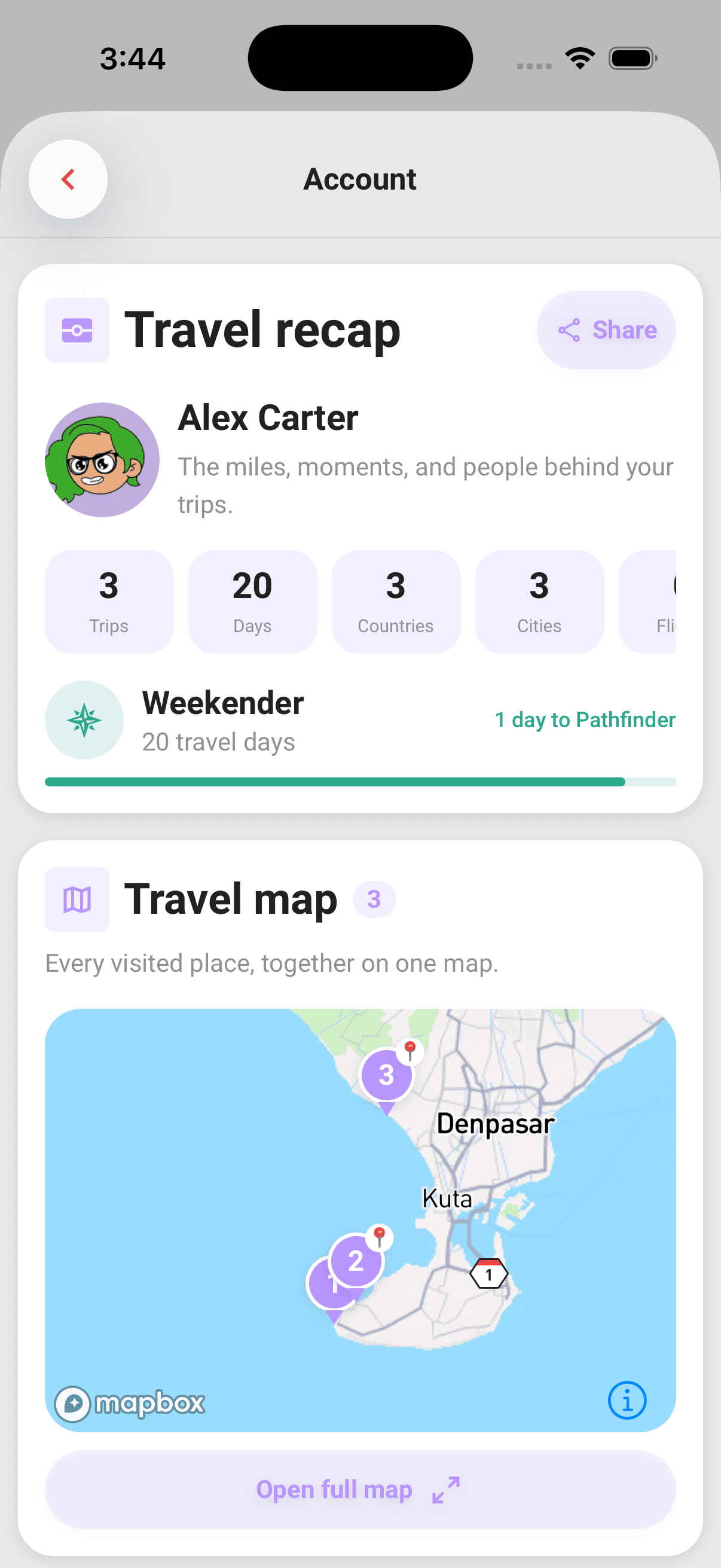 The Travel recap card: lifetime totals, your current traveller level, and how far it is to the next one