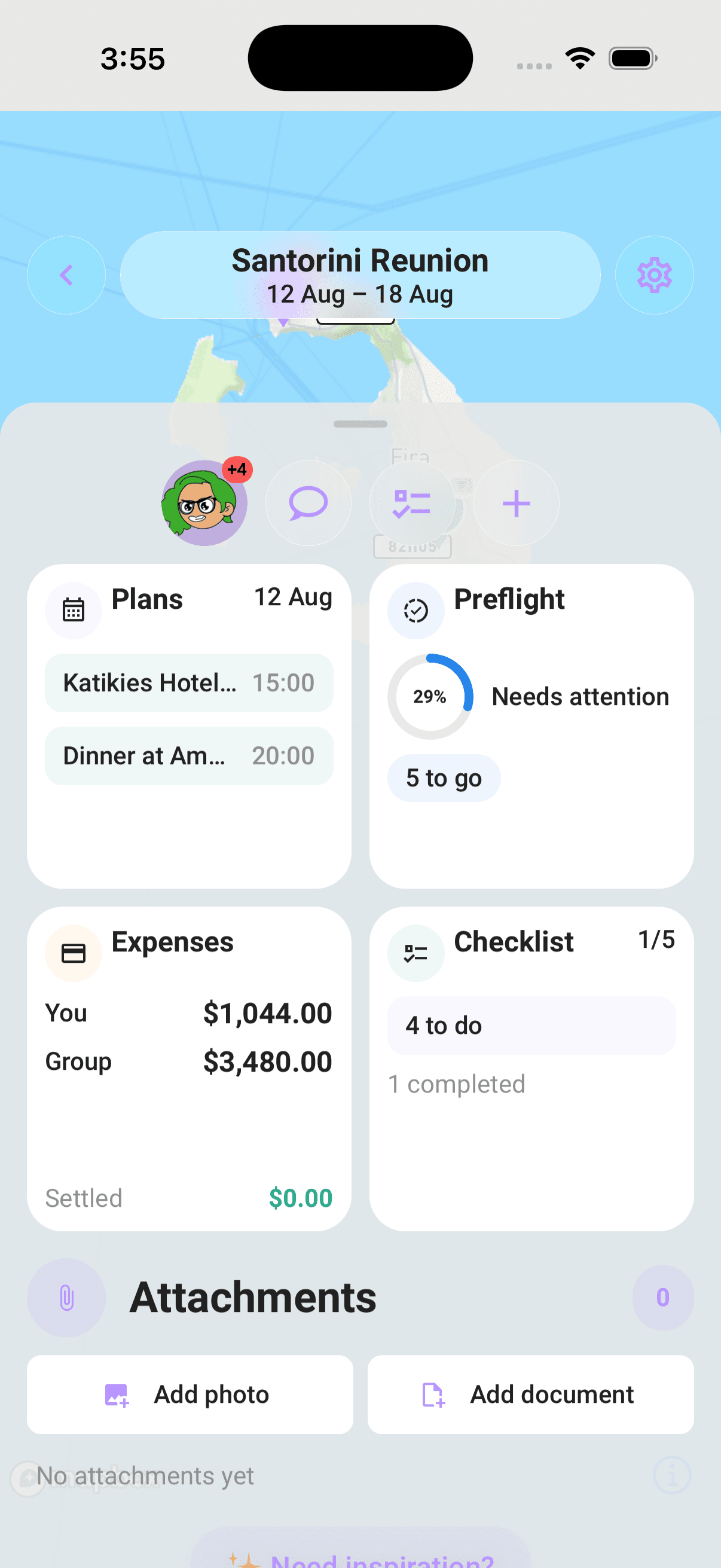 The Attachments section on a trip, with Add photo and Add document