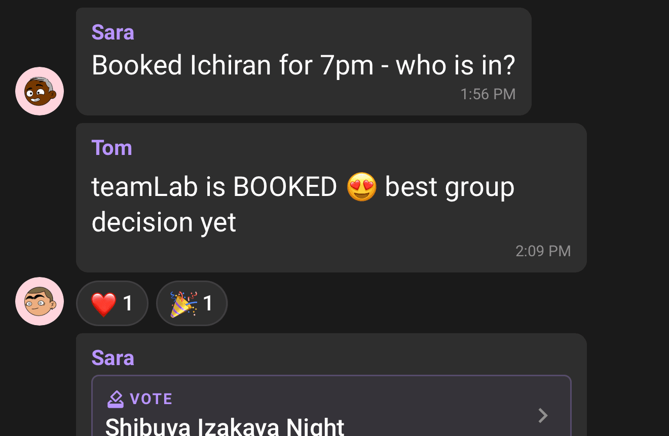 A sealed ballot in chat: who has voted is visible, the tally isn't
