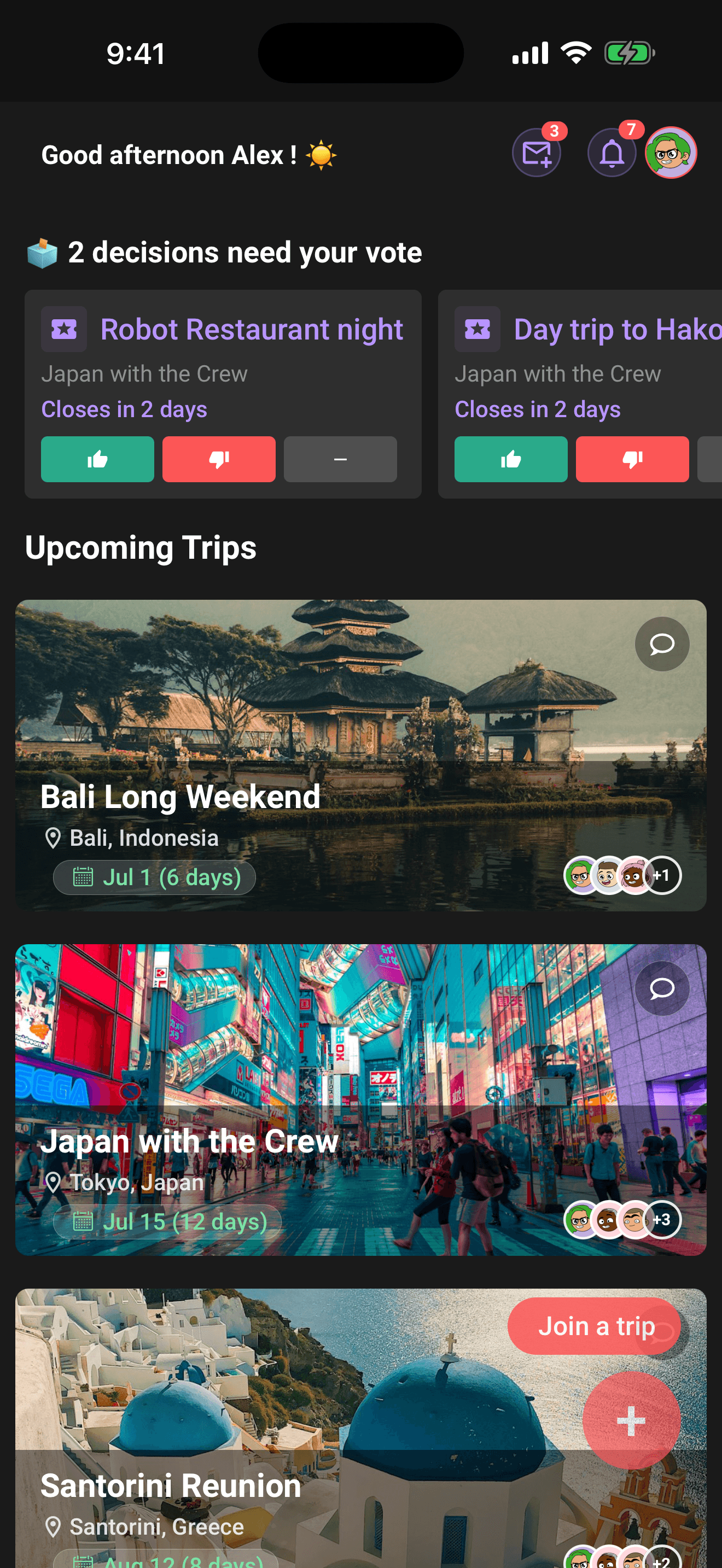 A Home trip card: the destination photo is the card