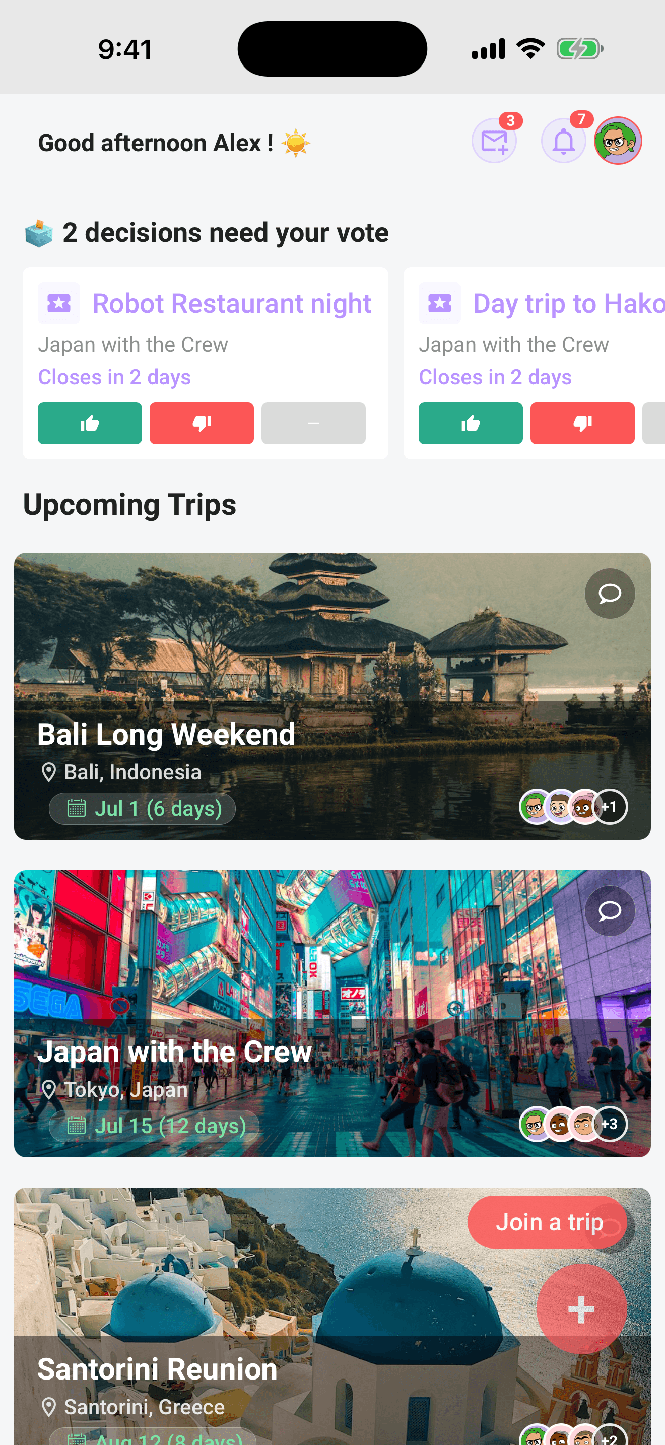 A Home trip card: the destination photo is the card