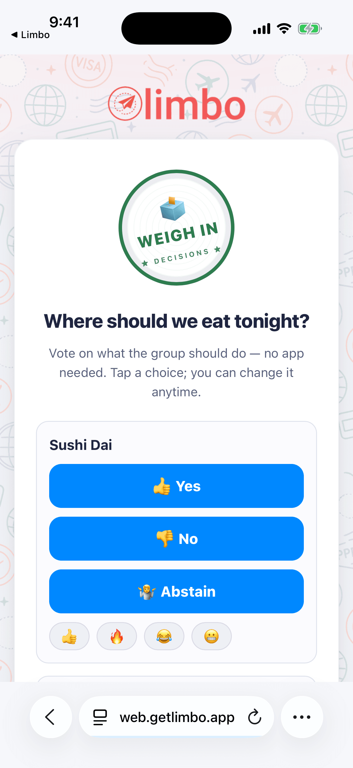 Voting on web.getlimbo.app: Yes, No, or Abstain, plus an emoji reaction