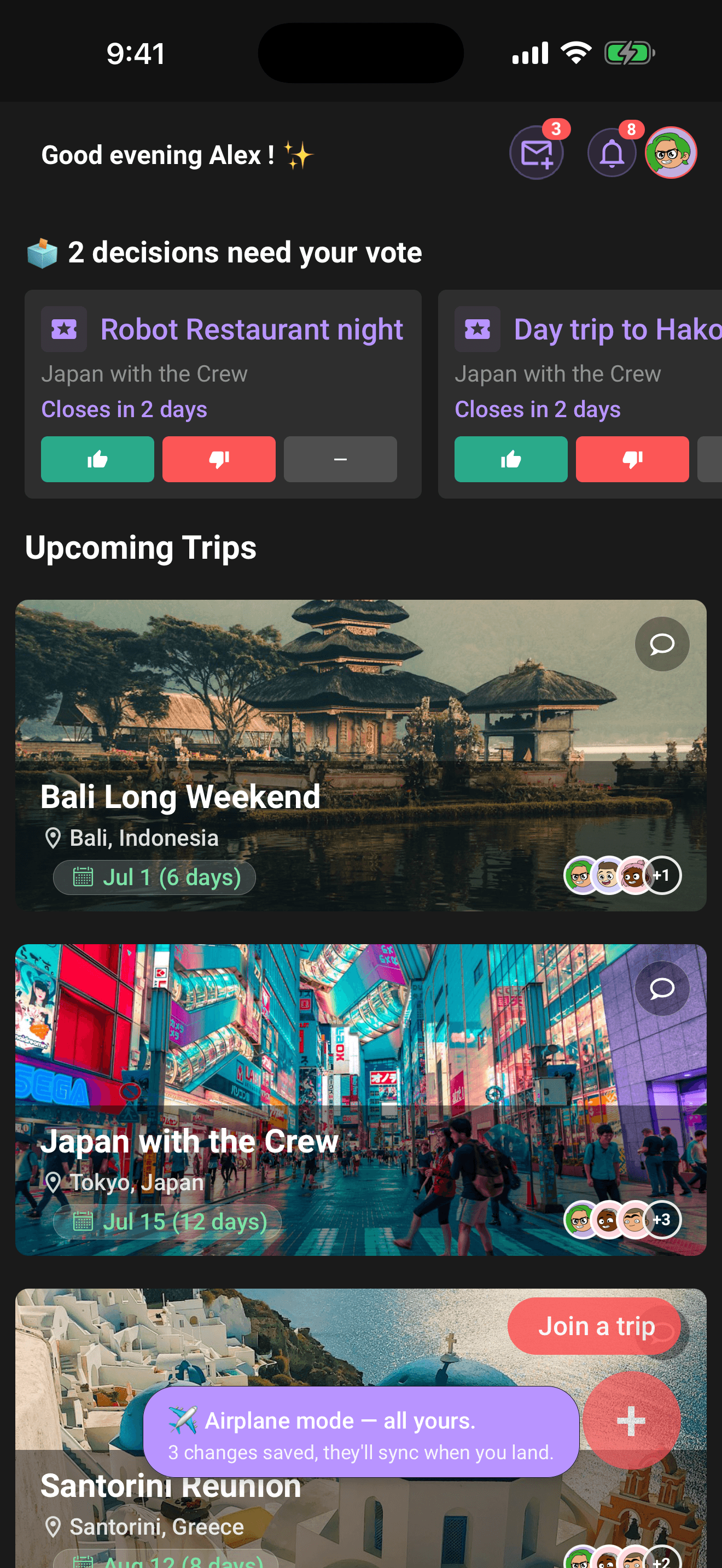 Offline with changes saved — they'll sync when you land