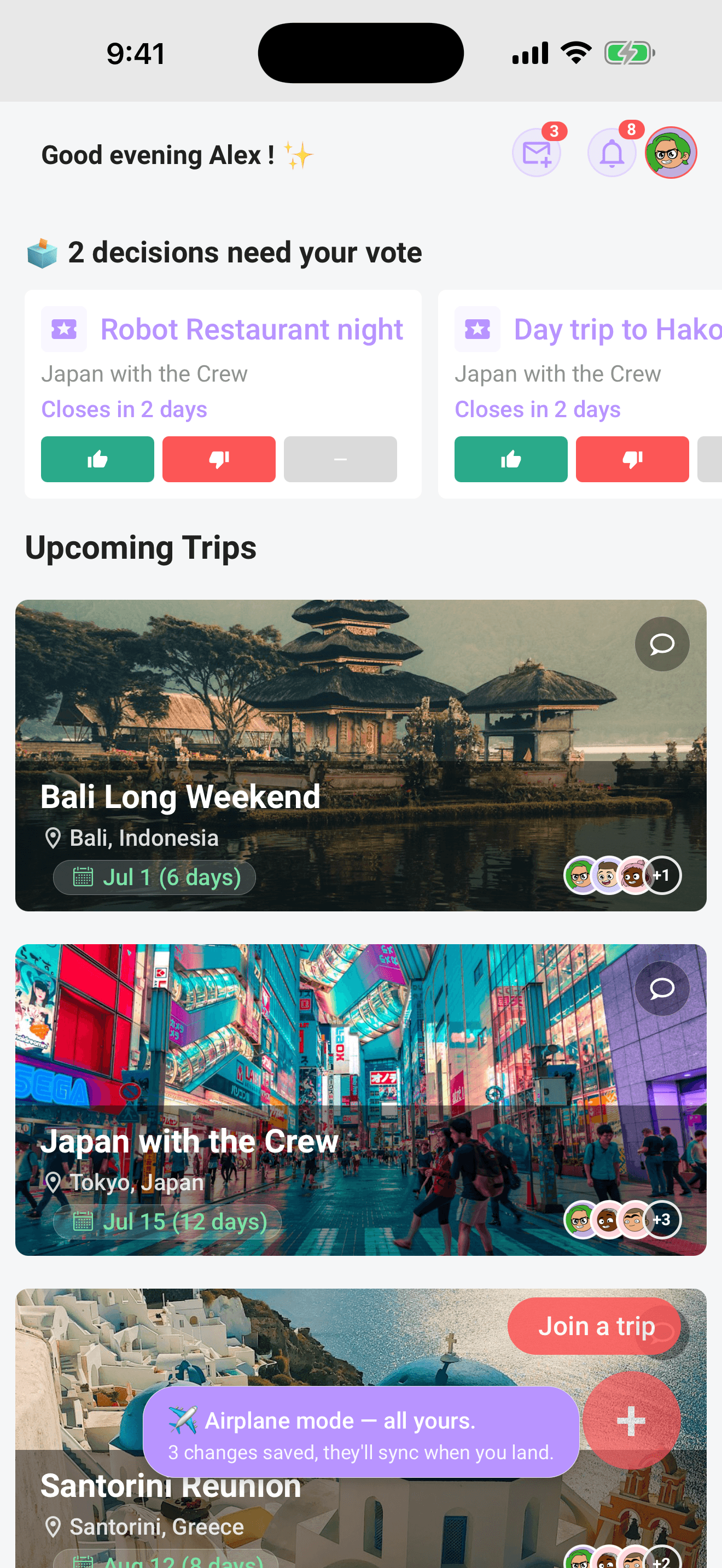 Offline with changes saved — they'll sync when you land