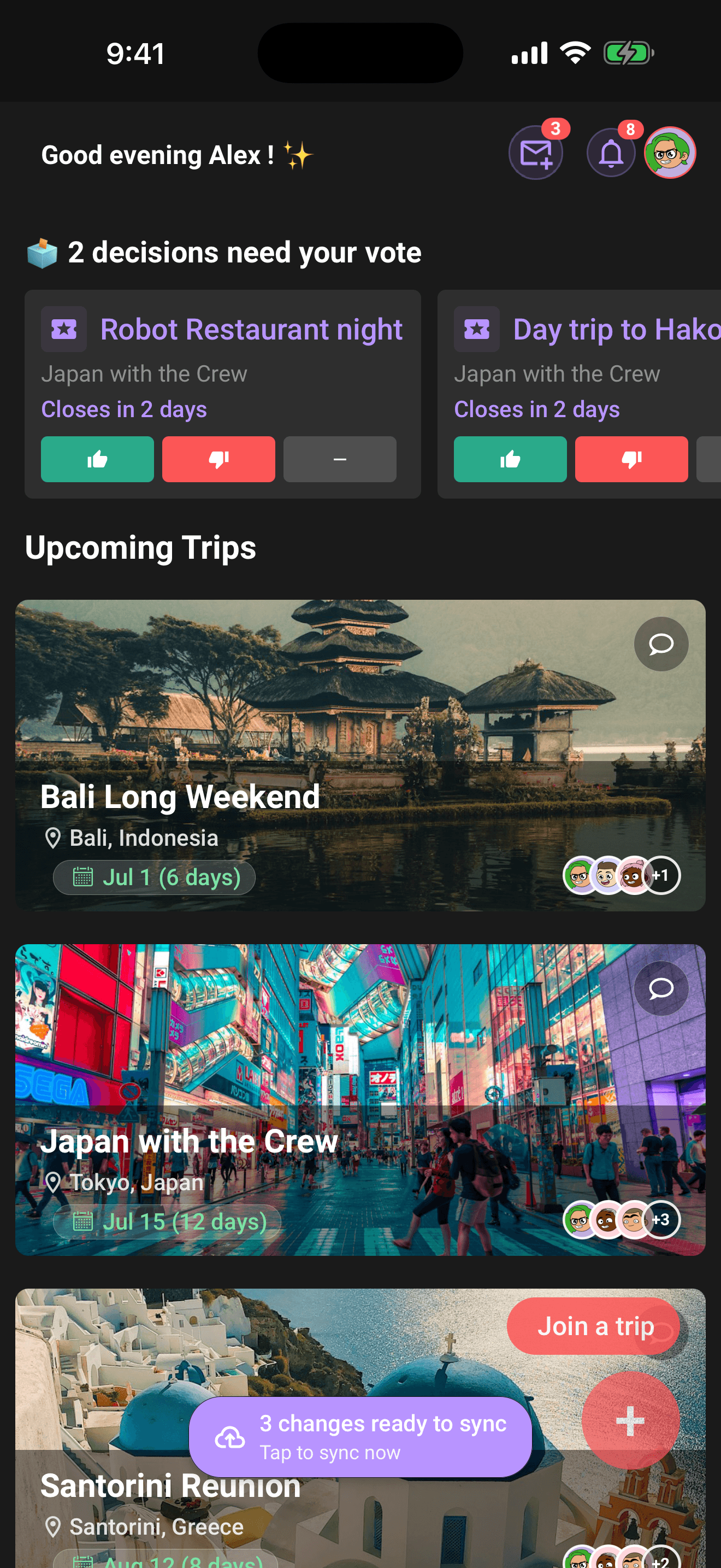 Back online: tap to sync, then the All synced confirmation