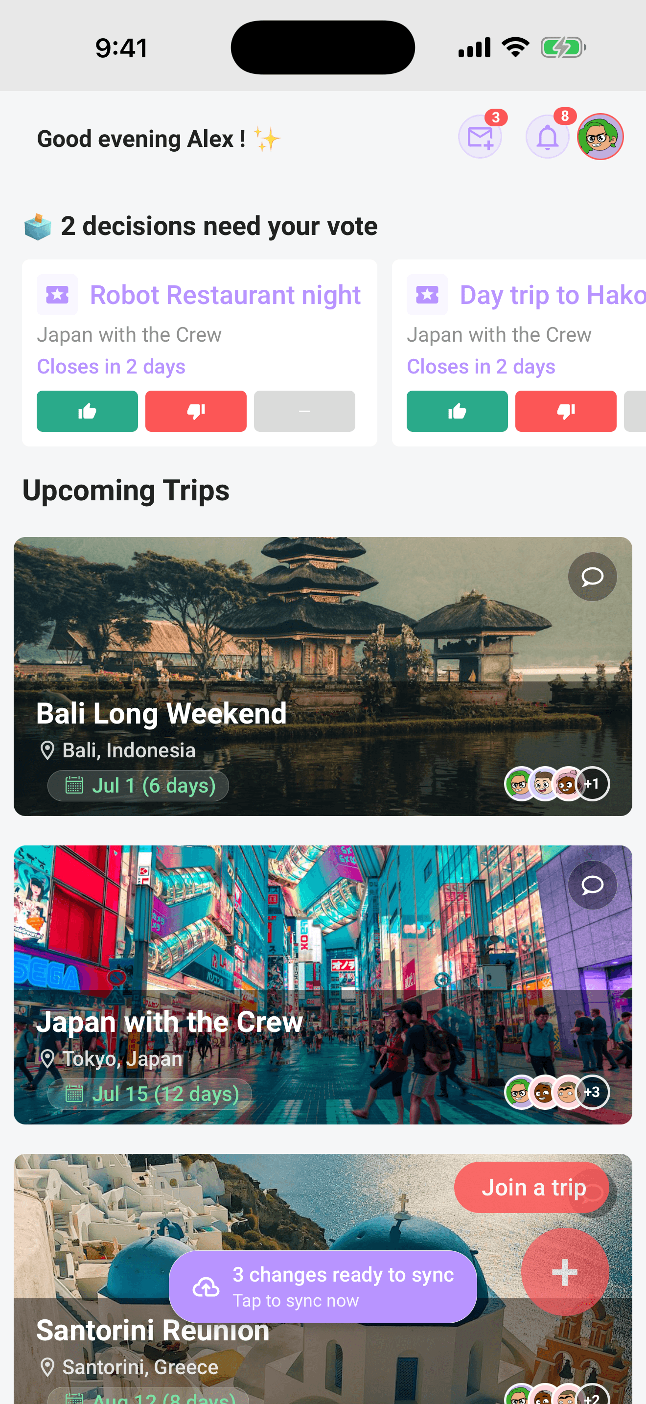 Back online: tap to sync, then the All synced confirmation