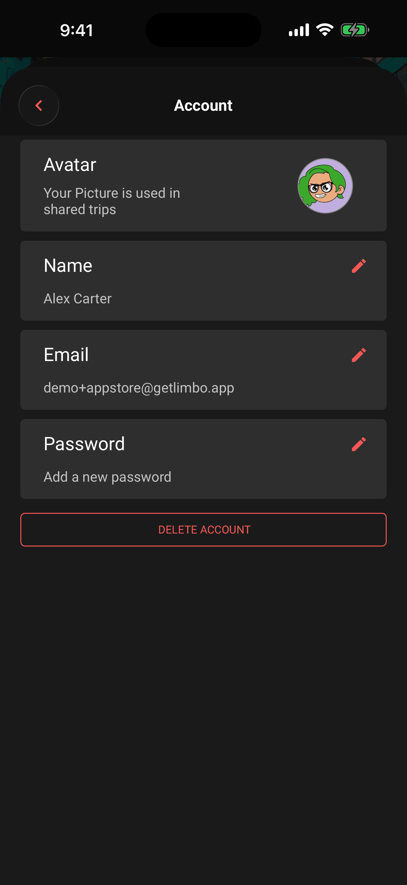 The Account screen: avatar, name, email, password, and the delete button