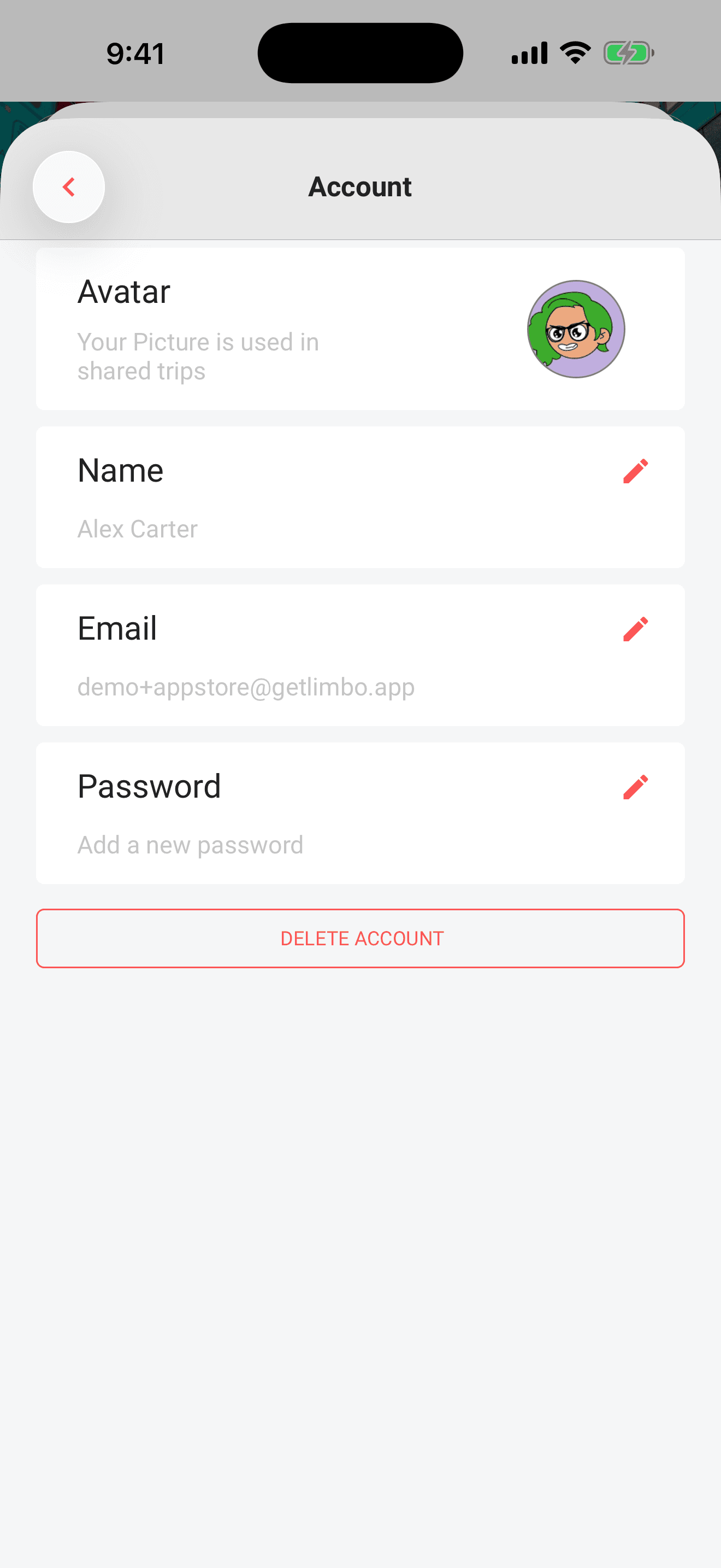 The Account screen: avatar, name, email, password, and the delete button