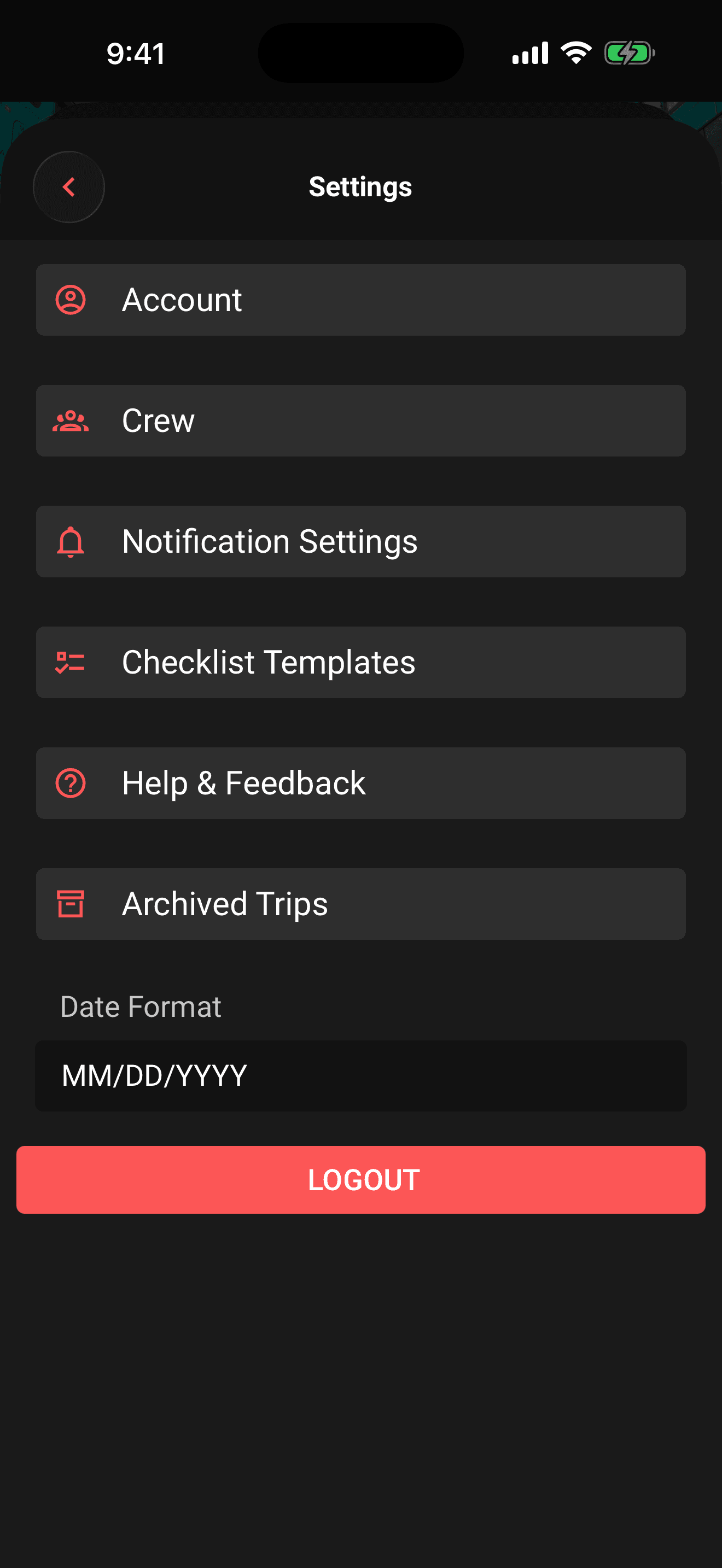 The Date Format dropdown on the Settings screen