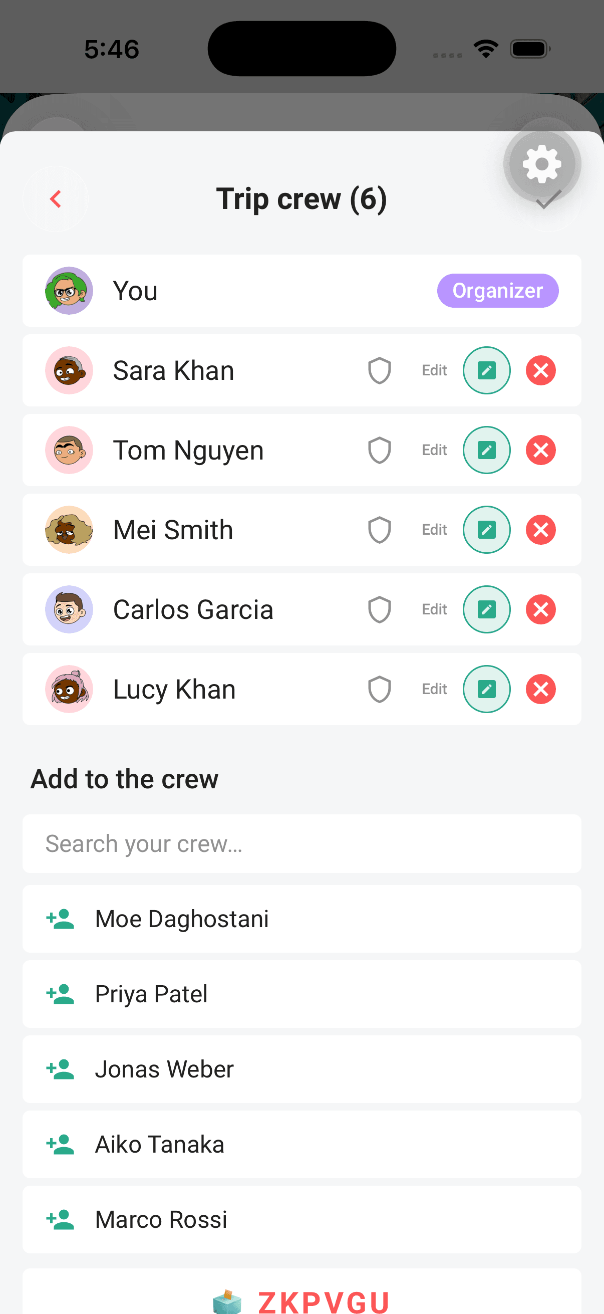The crew sheet: add people, set edit access, and split costs