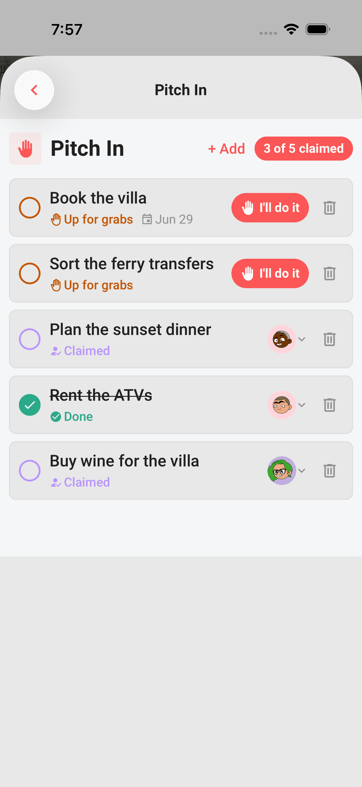 The Pitch In list: tasks up for grabs, claimed, and done, with the progress pill