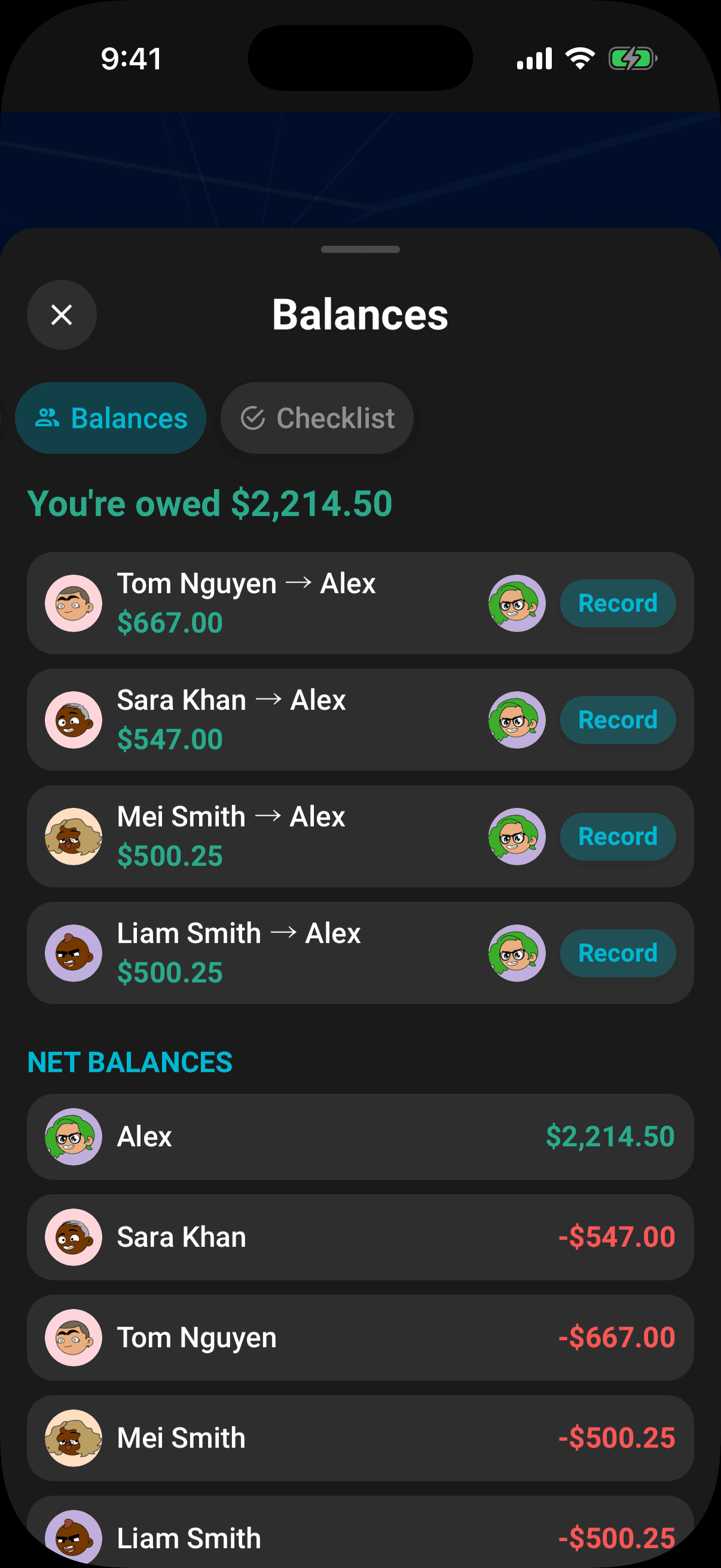 Balances: your position, the simplified repayment list, and settlement history