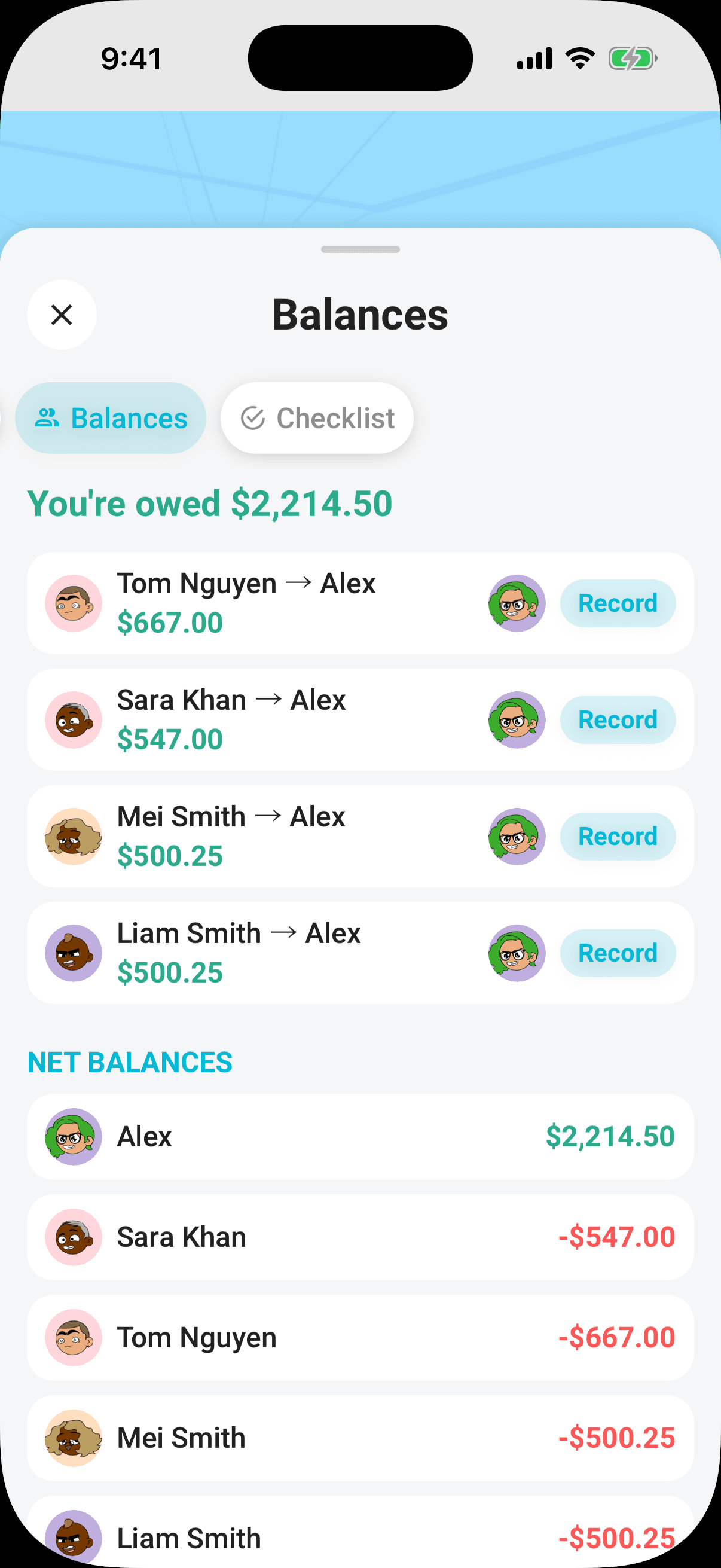 Balances: your position, the simplified repayment list, and settlement history