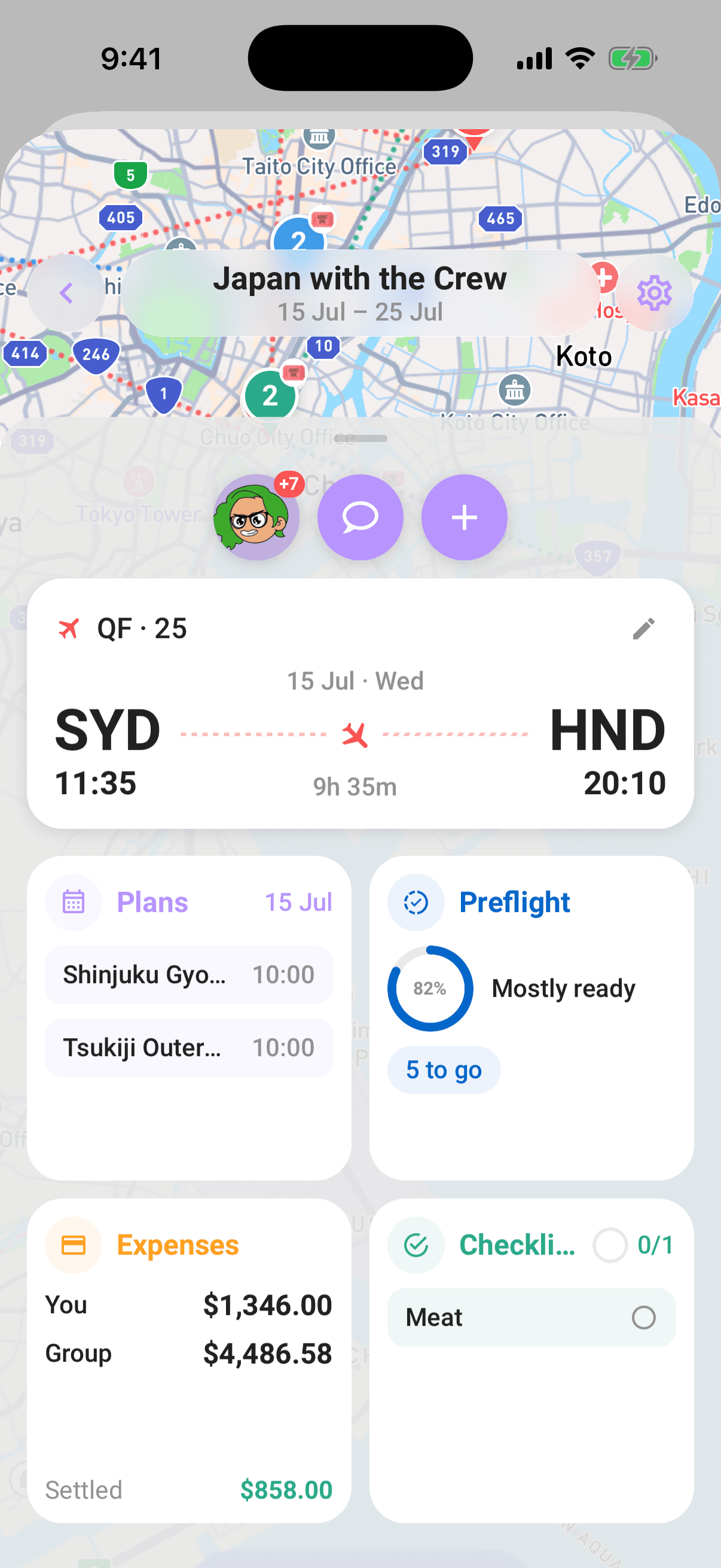 The map-first trip Hub: an upcoming flight, quick actions, live section tiles, and the map underneath