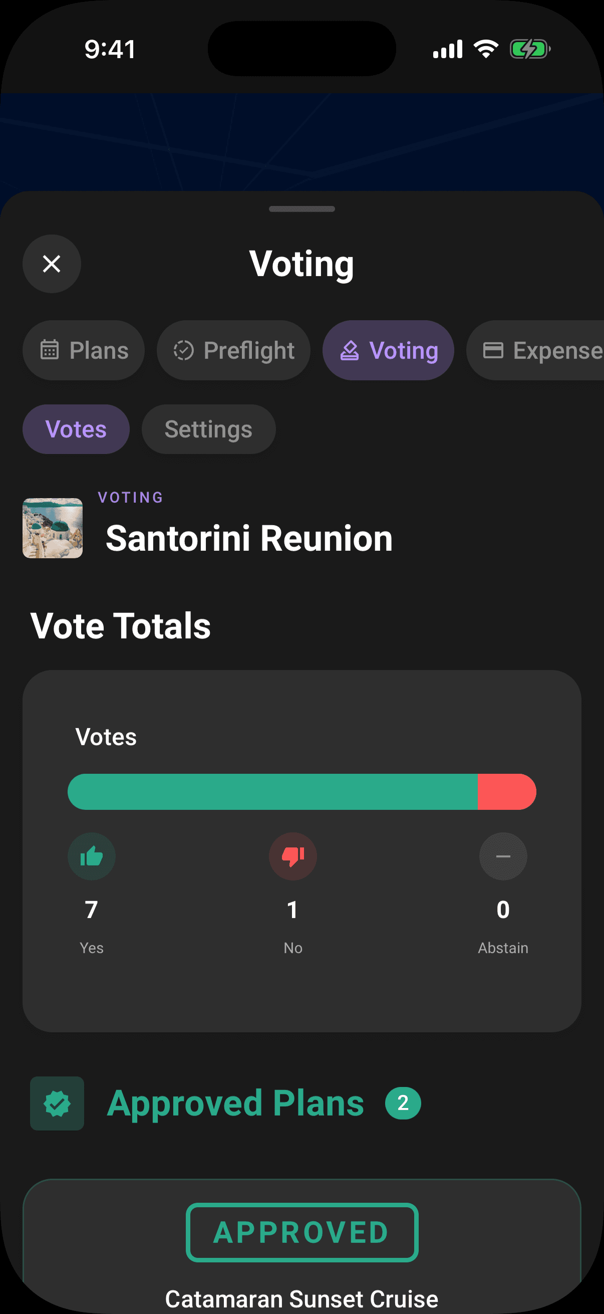 Voting inside the trip: Votes for the whole crew, with Settings reserved for the owner