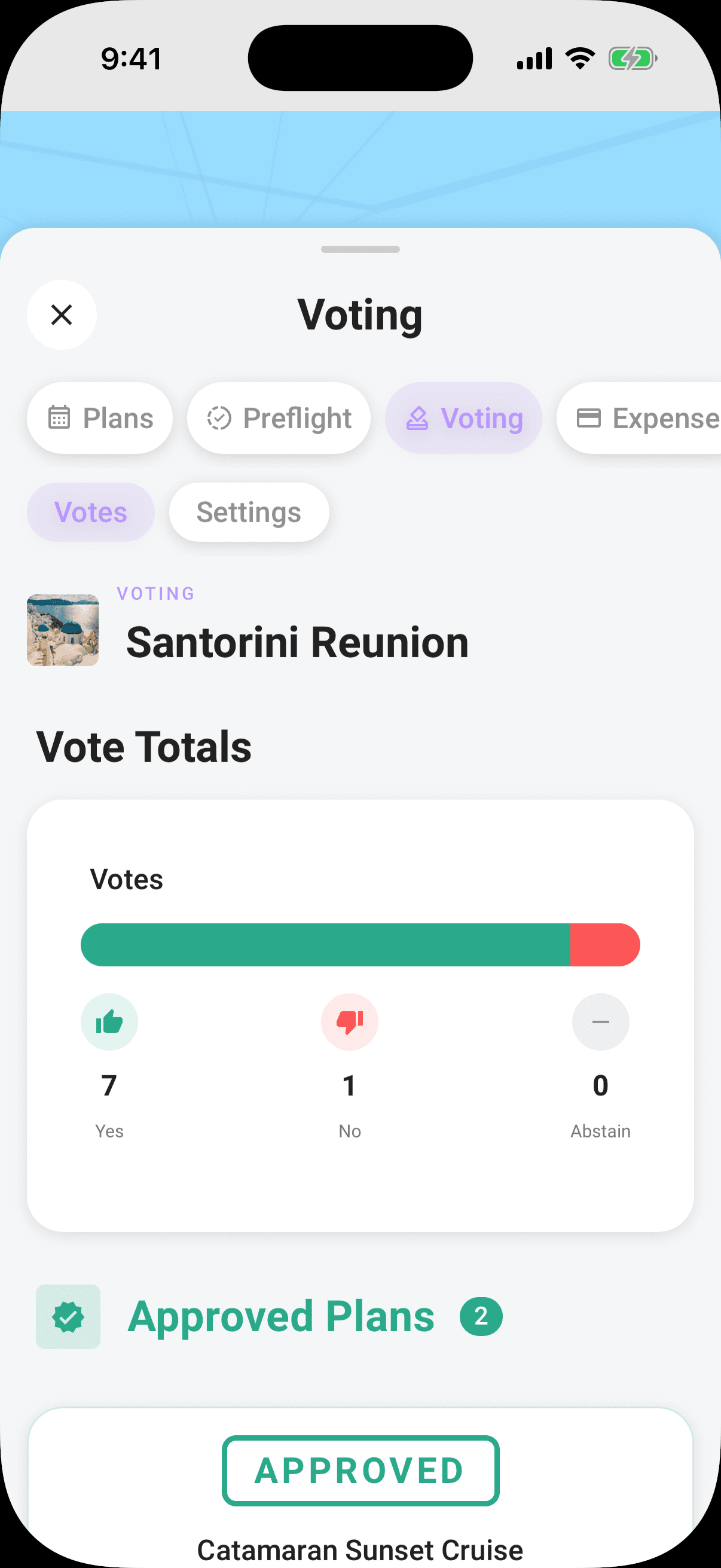Voting inside the trip: Votes for the whole crew, with Settings reserved for the owner