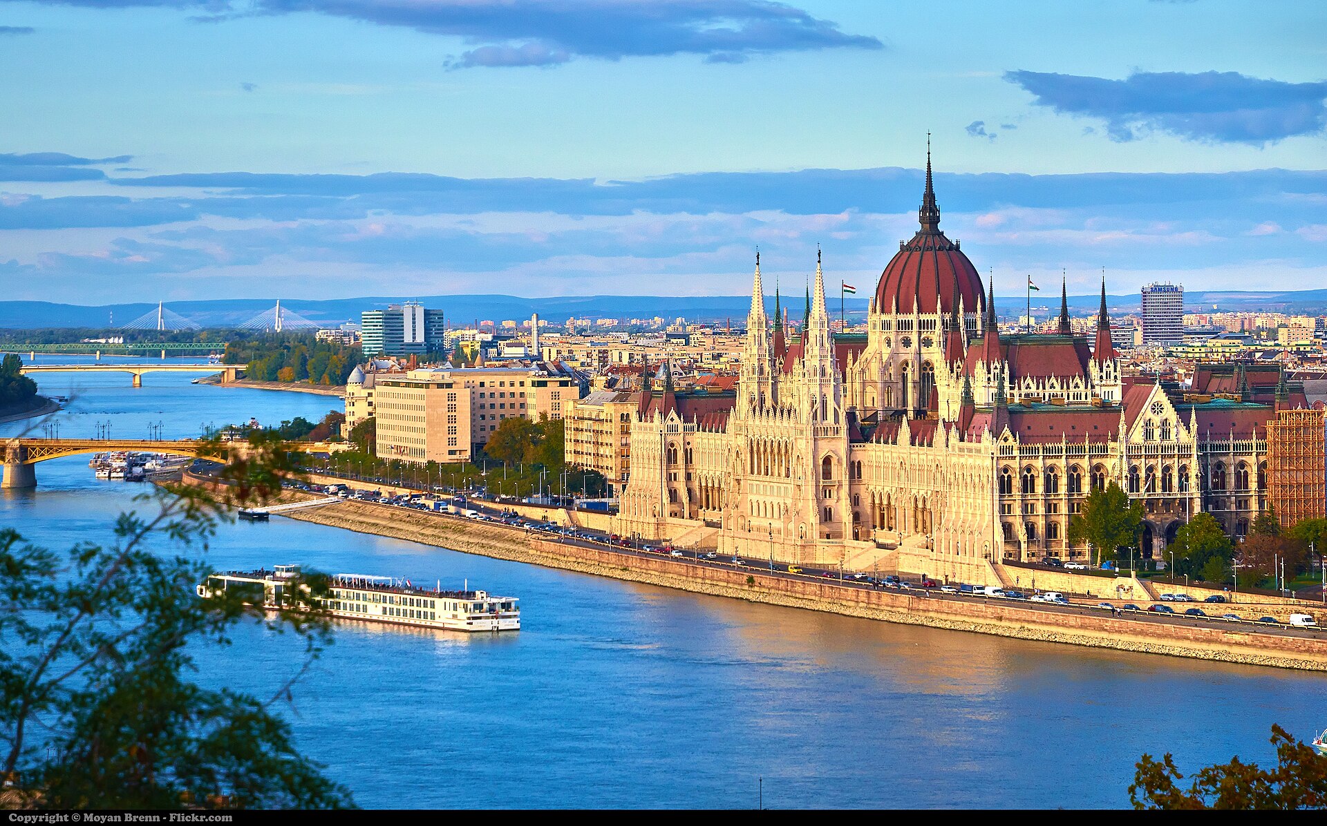 Hungarian Parliament Building from across the Danube from Gellért Hill. Budapest sunset (8130437015).jpg