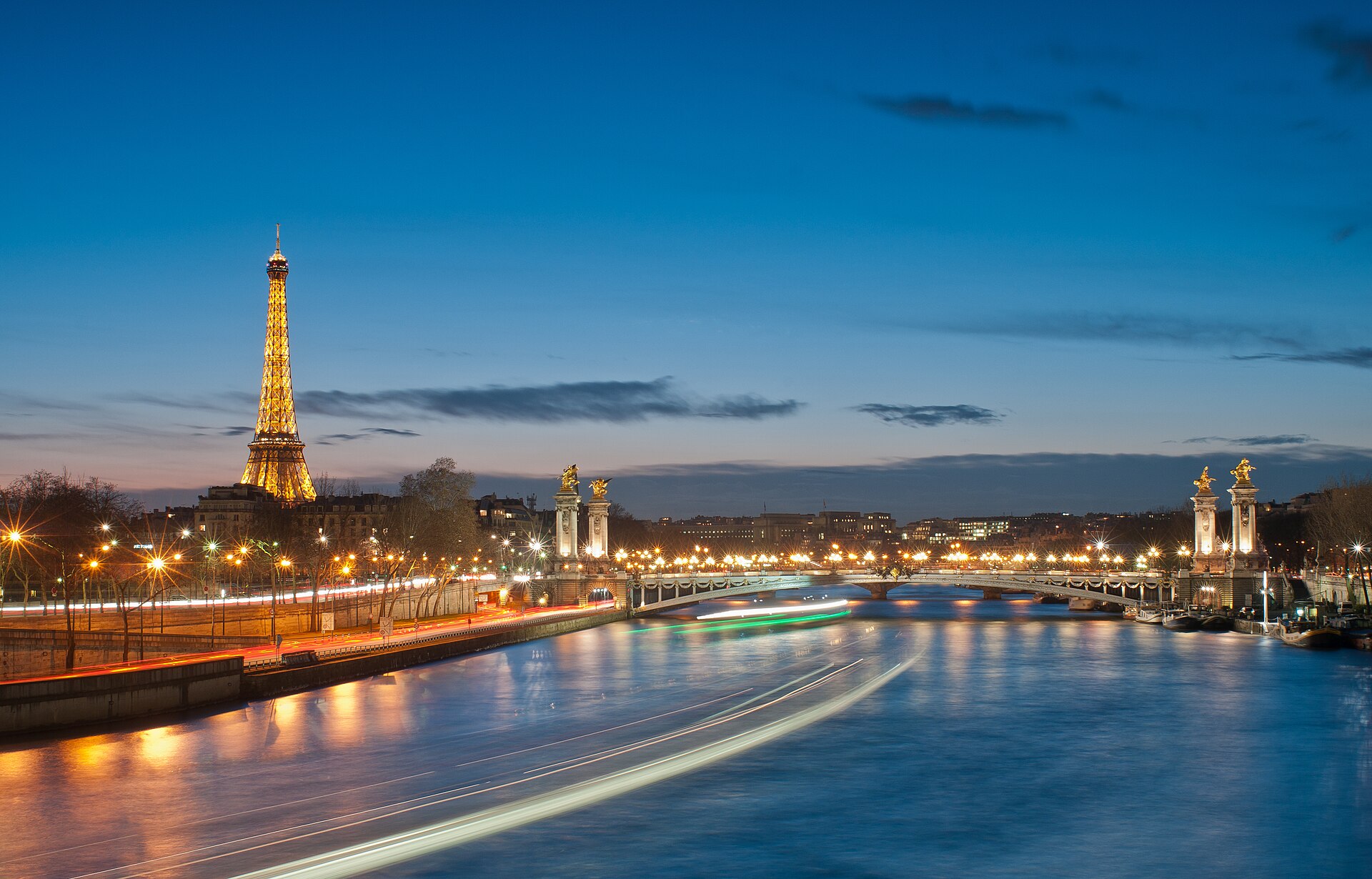 Eiffel Tower and Pont Alexandre III at night.jpg