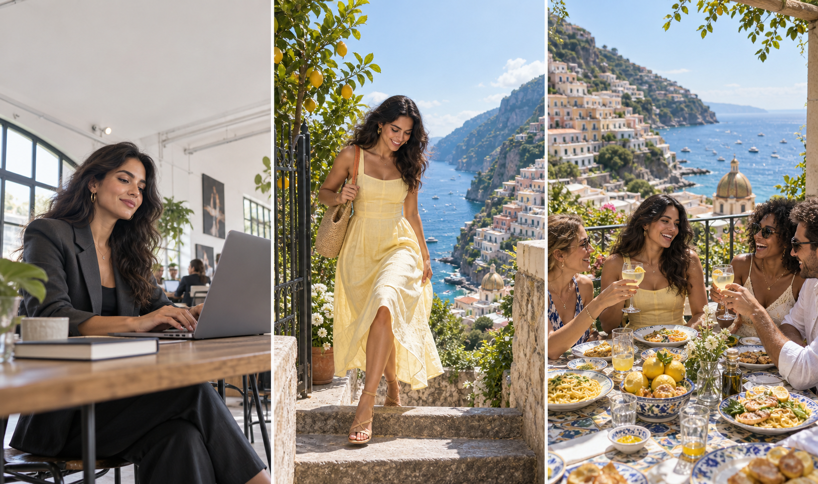 AI-generated Amalfi planning-to-holiday storyboard in three panels