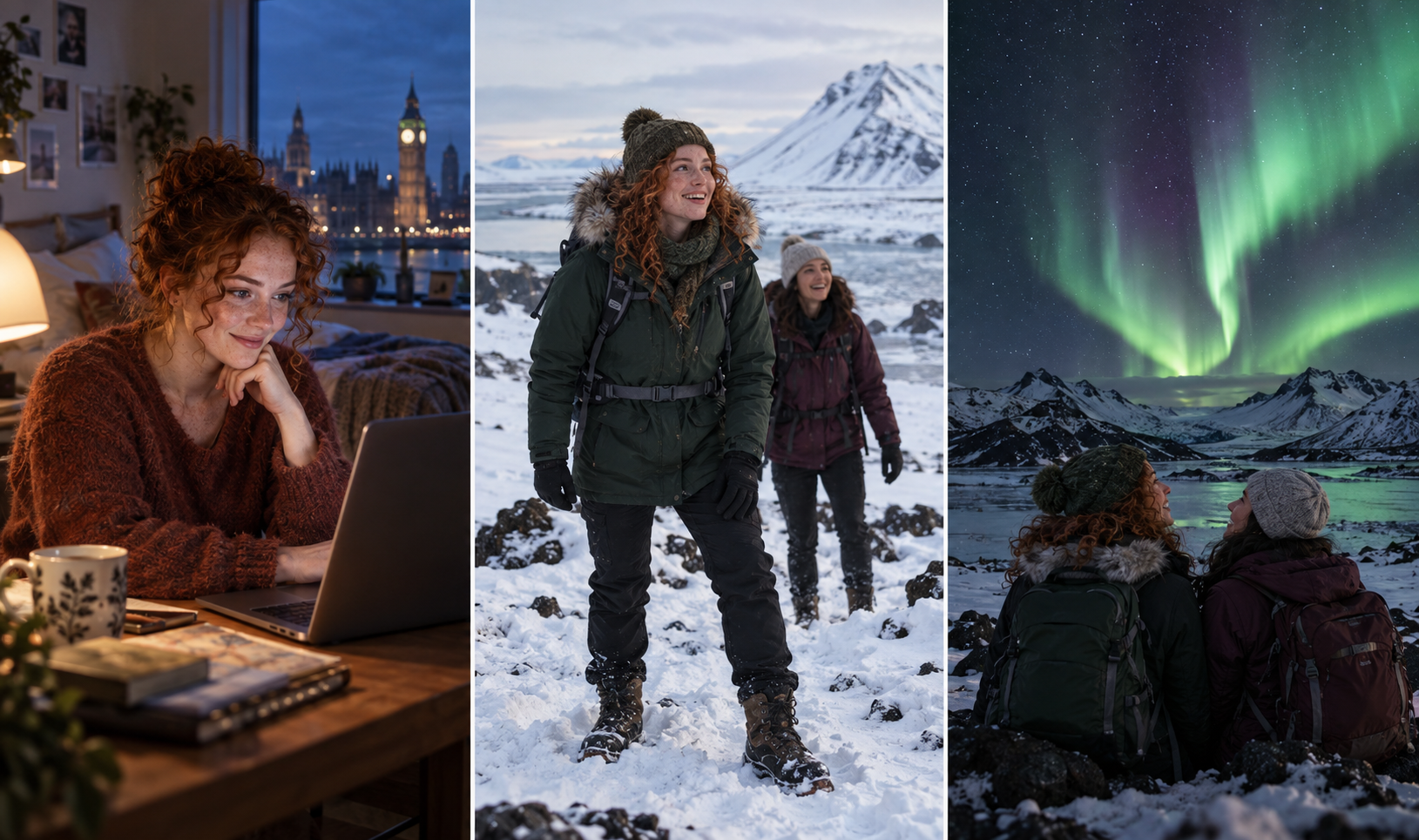AI-generated Iceland planning-to-holiday storyboard in three panels