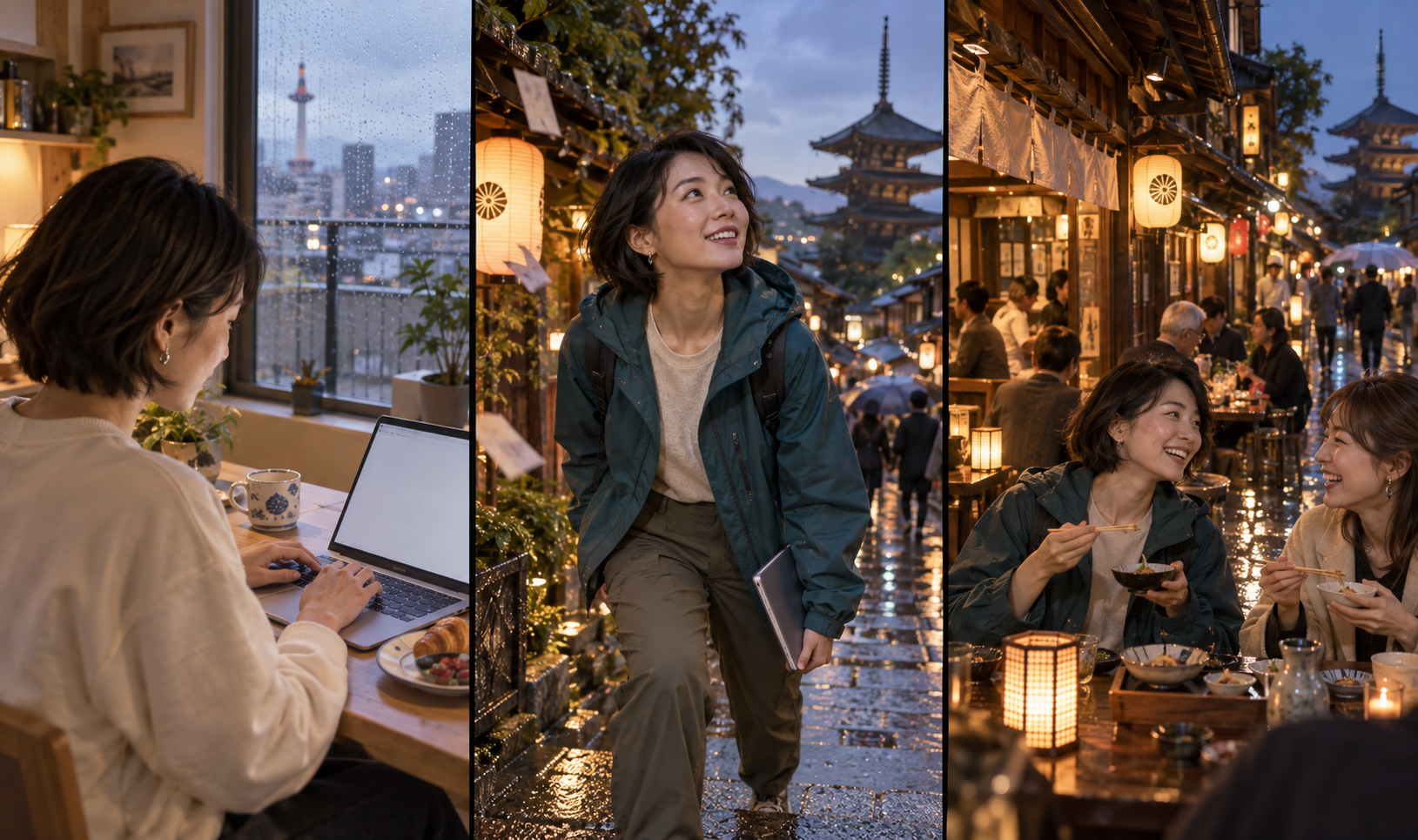 AI-generated Kyoto planning-to-holiday storyboard in three panels