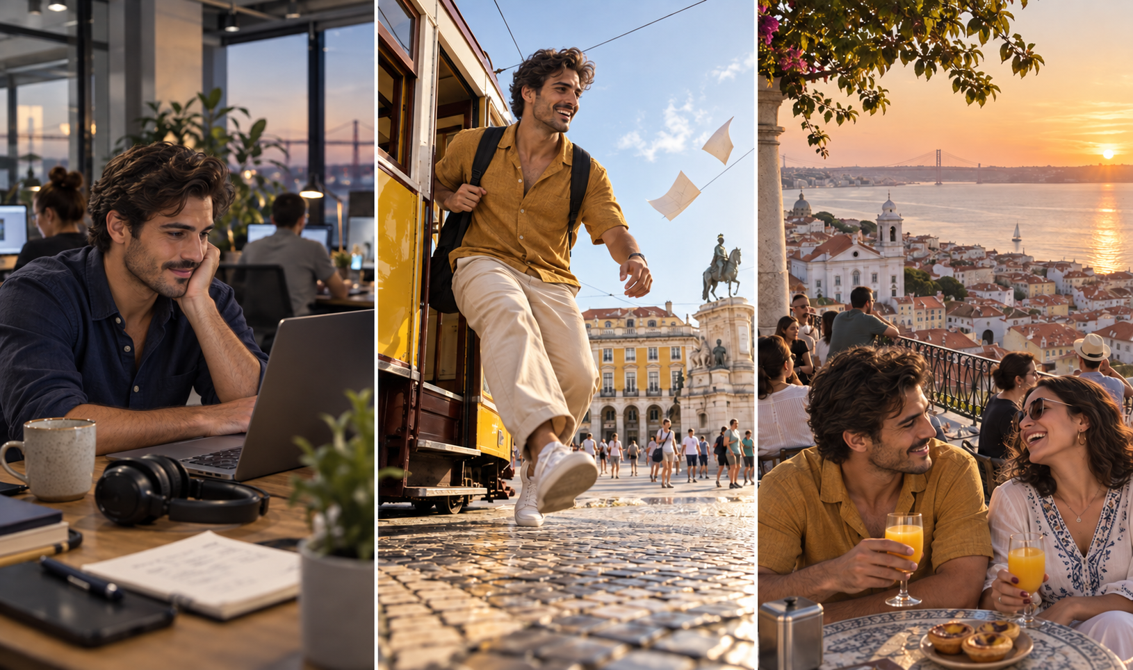 AI-generated Lisbon planning-to-holiday storyboard in three panels