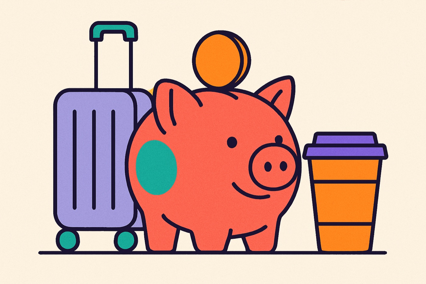 Flat illustration of a piggy bank, a suitcase and a coffee cup, planning a group trip on a careful budget