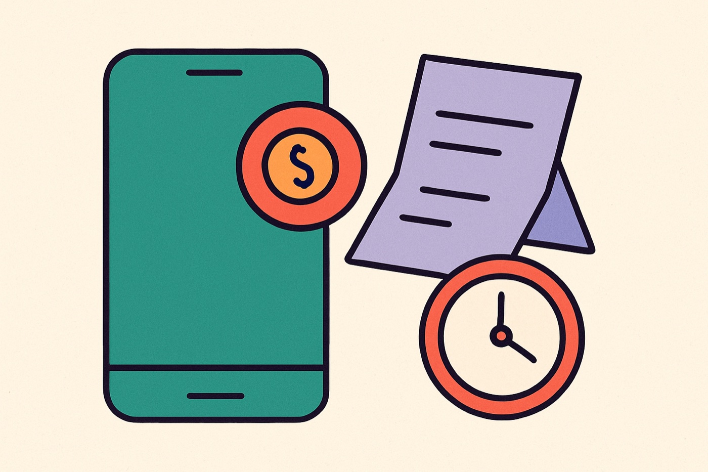 Flat illustration of a phone with a payment-request badge, an IOU note and a clock, a friend owing money after a trip