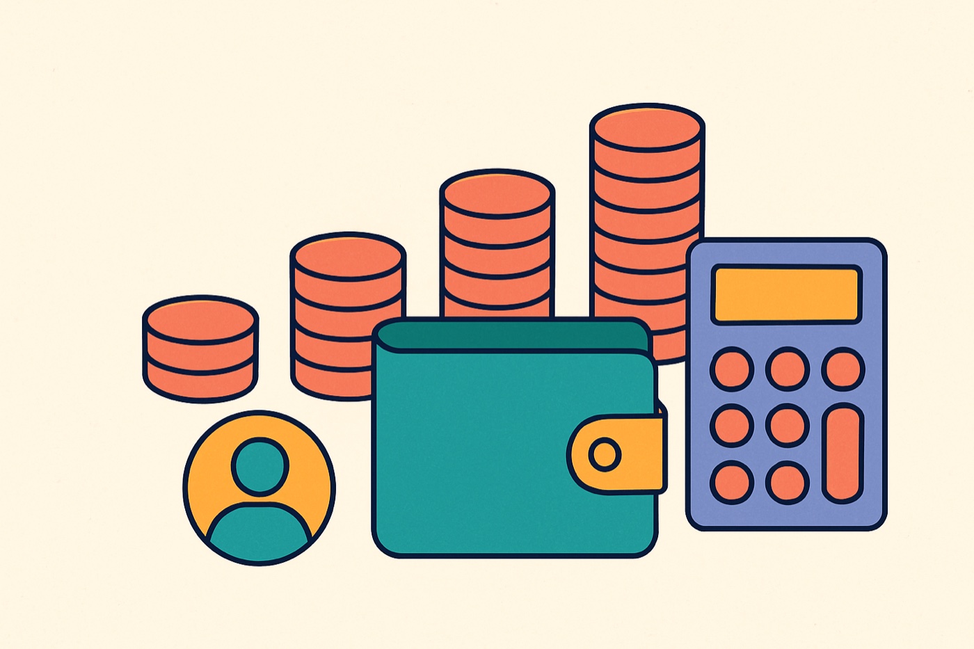Flat illustration of coin stacks rising like a bar chart with a wallet and calculator, a per-person group trip budget