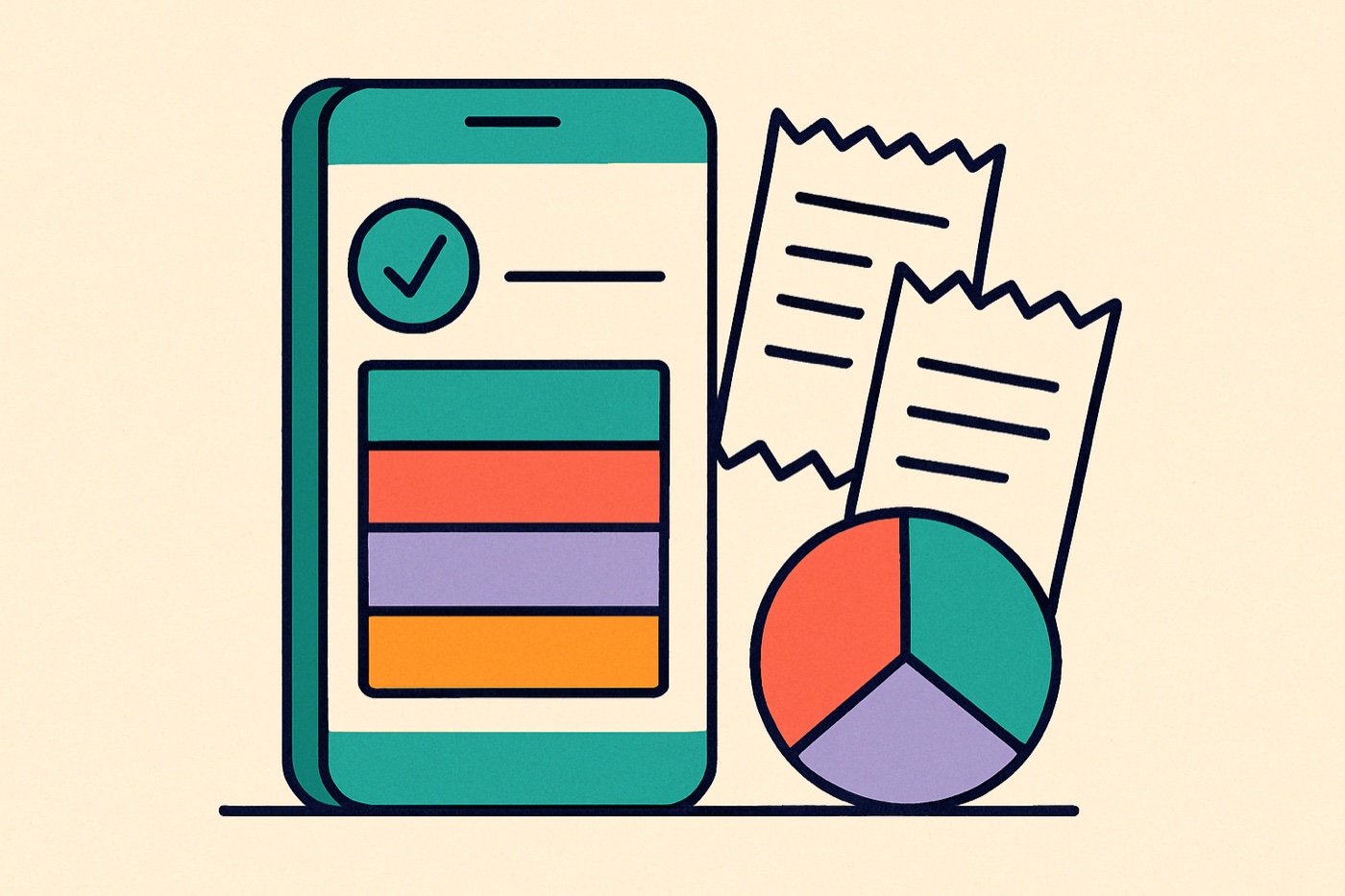 Flat illustration of a phone showing an expense list with a checkmark, receipts and a share pie chart, a group trip expense tracker