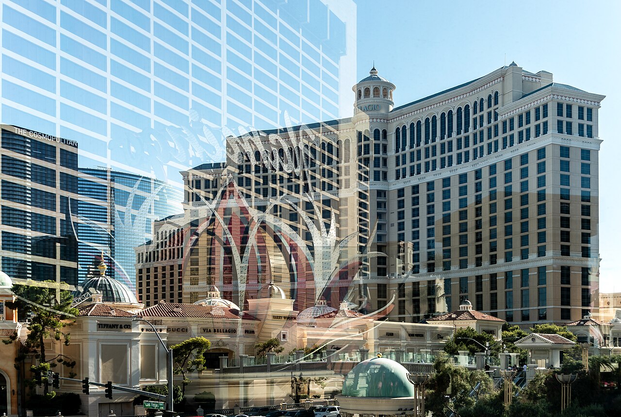 Reflection of the Flamingo Hotel in front of the Bellagio