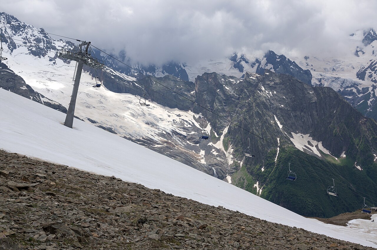 Dombay cable car, aerial lift in the Caucasus Mountains, Snow, Dombay, Karachay-Cherkessia
