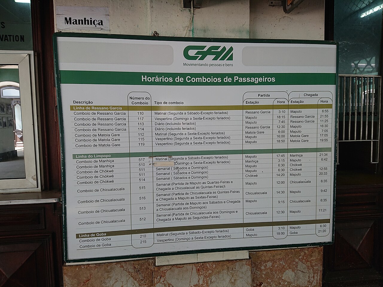 Timetable in Maputo Railway Station