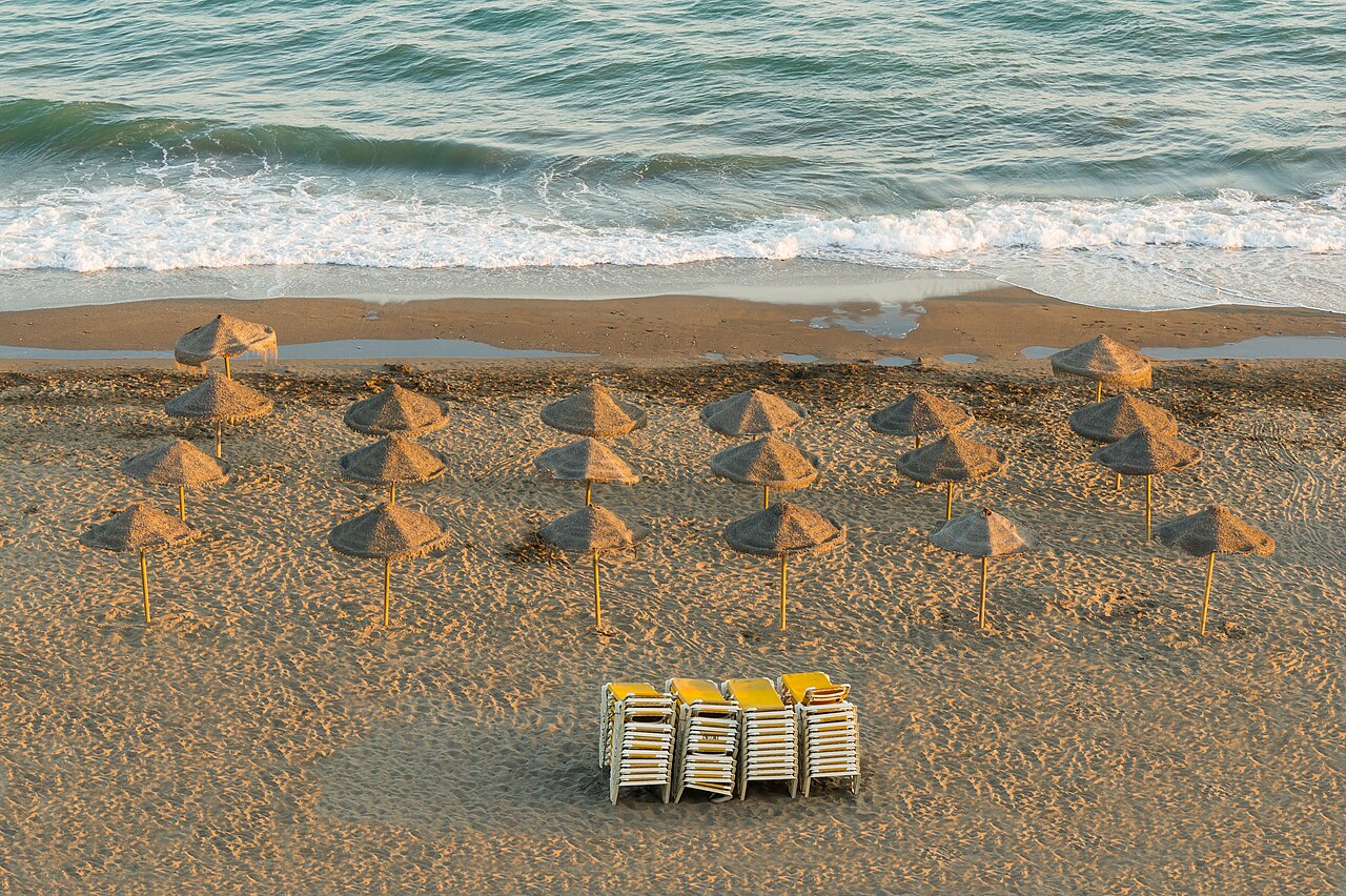 Parasols, Evening, Beach, Rincon de la Victoria, Andalusia, Spain