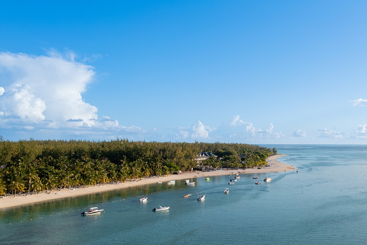 Aerial view of yachts at Le Morne Beach in Mauritius