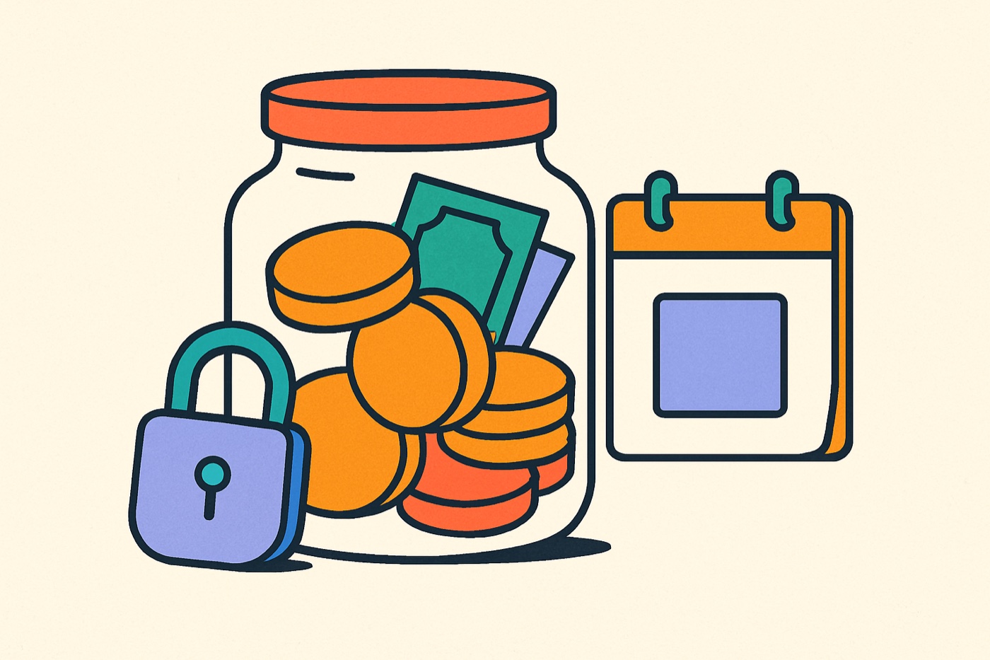 Flat illustration of a jar filling with coins and a padlock beside a calendar, collecting deposits for a group trip