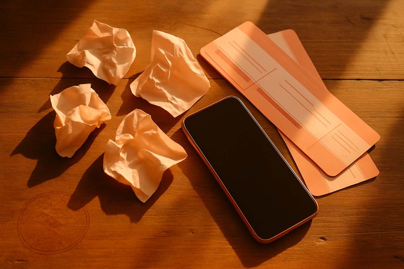 Crumpled receipts, two boarding passes and a phone fanned on a wooden table — the reality of splitting group trip costs