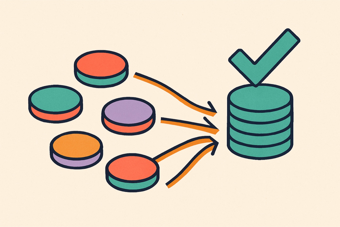 Flat illustration of scattered coins and arrows converging into one stack with a checkmark, settling up after a group trip