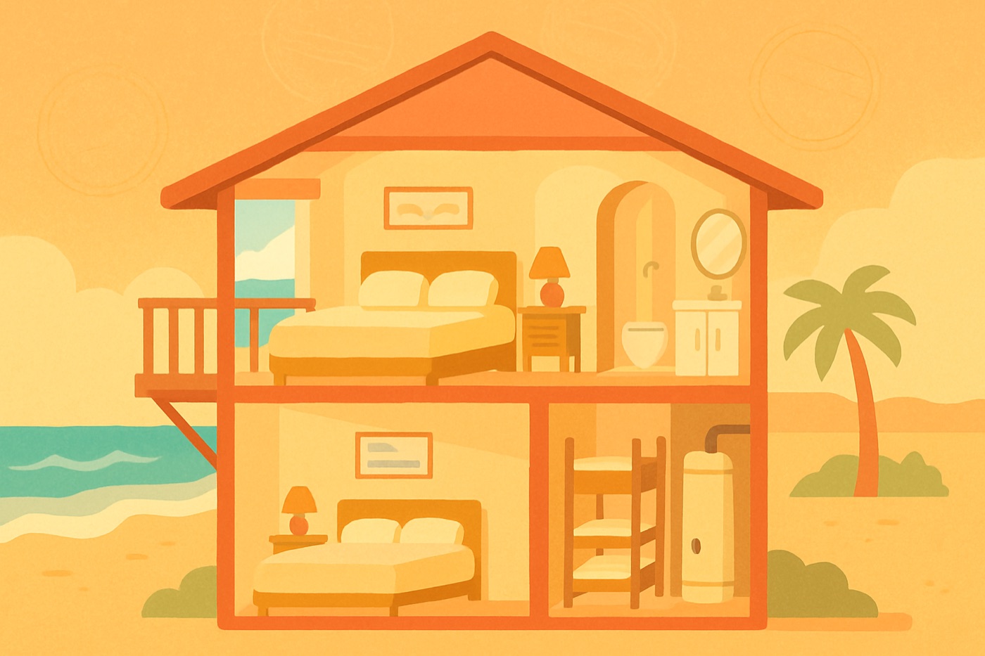 Illustrated cutaway of a beach house: a master suite with a balcony upstairs, a queen room and a tiny bunk room by the water heater downstairs