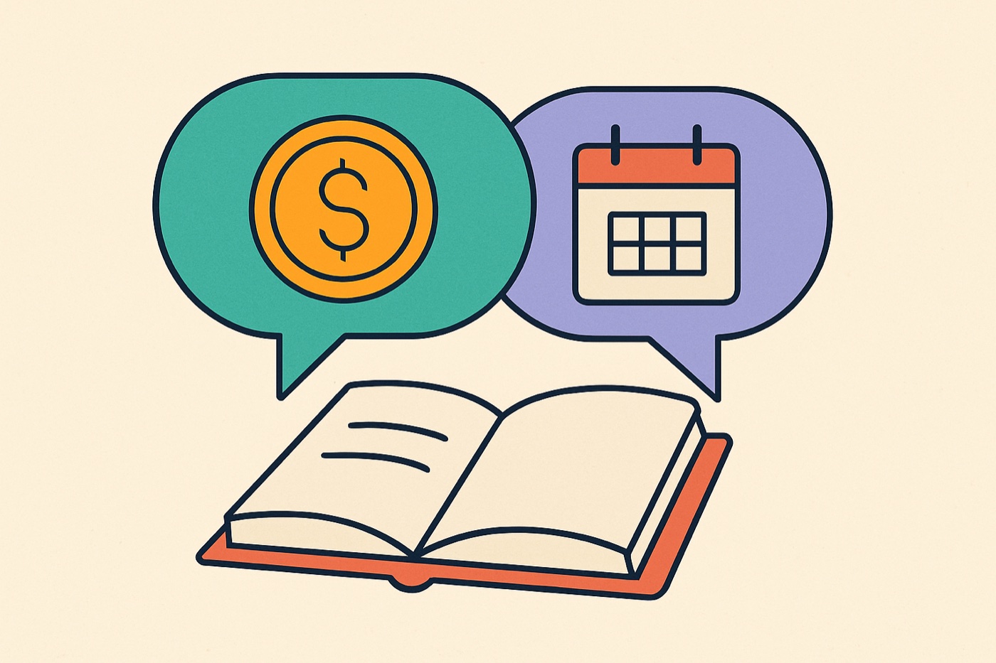 Flat illustration of two speech bubbles holding a coin and a calendar over a notebook, talking money before a trip