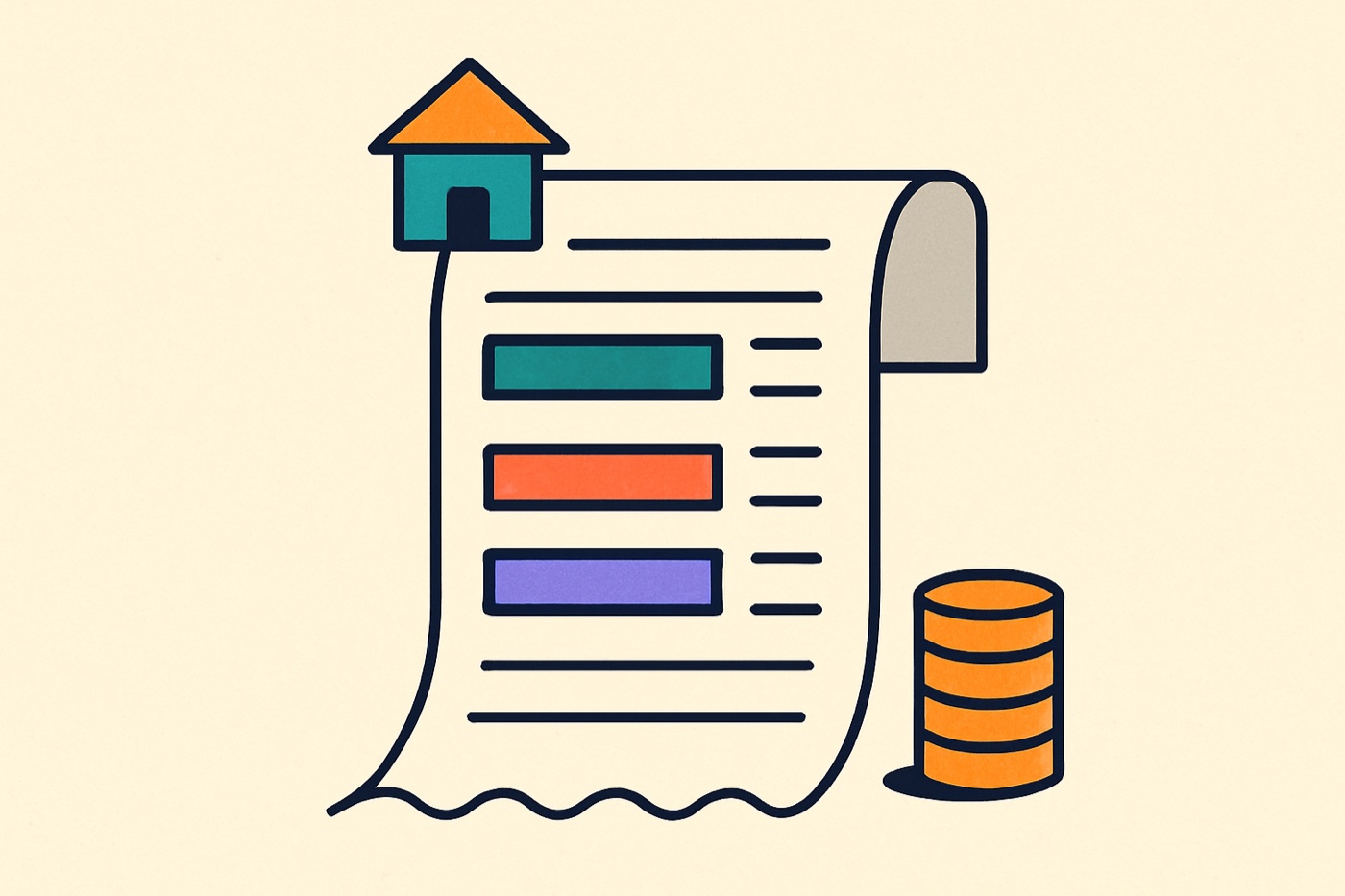 Flat illustration of a receipt with highlighted fee rows, a house and split coins, vacation rental fees split evenly
