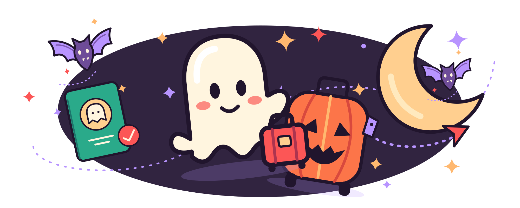 A friendly ghost, pumpkin suitcase and bats ready for a trip